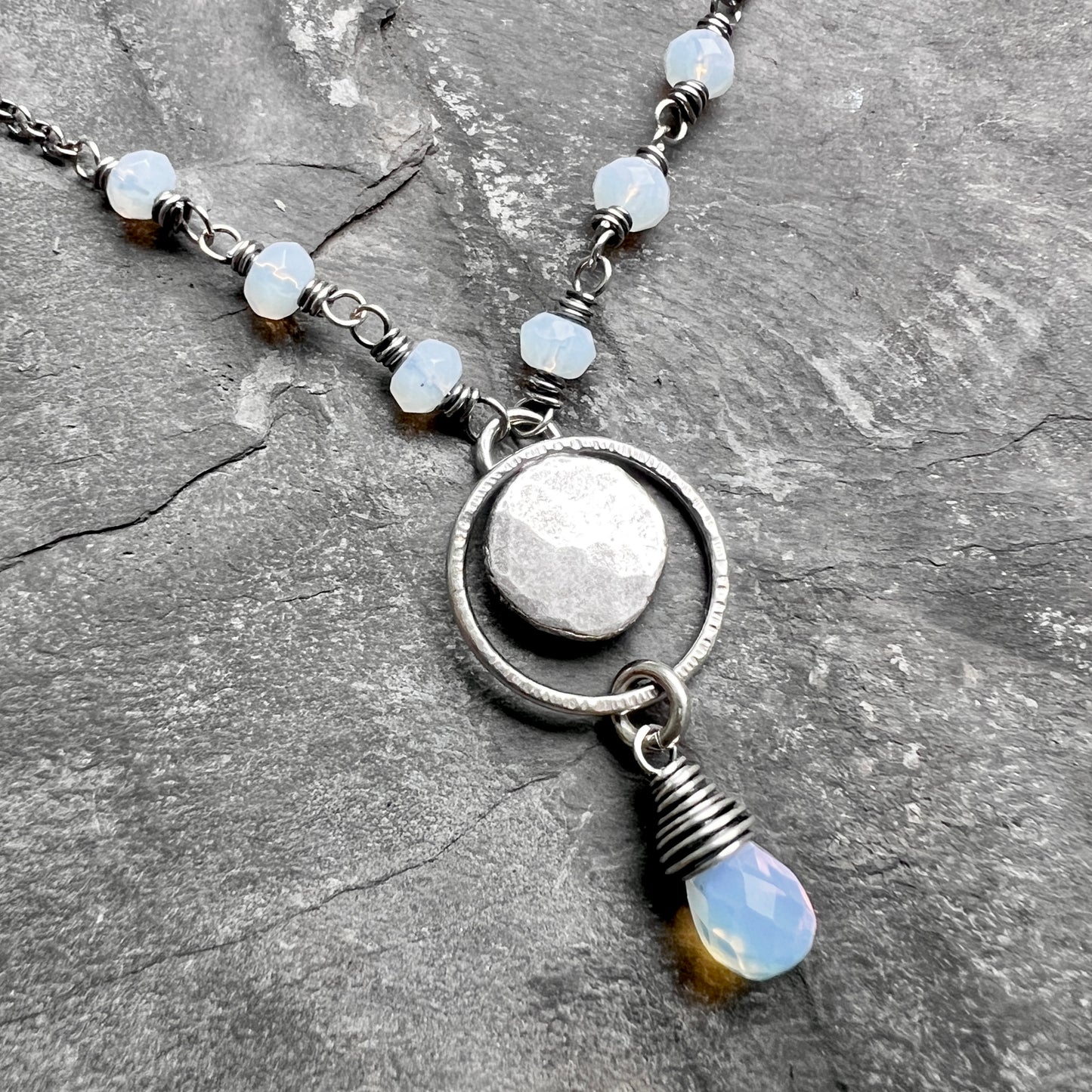 Sterling Silver Opalite Necklace | Wire-wrapped Opalite with Hammered Silver Pebble Pendant