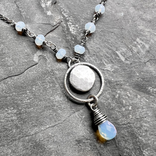 Sterling Silver Opalite Necklace | Wire-wrapped Opalite with Hammered Silver Pebble Pendant