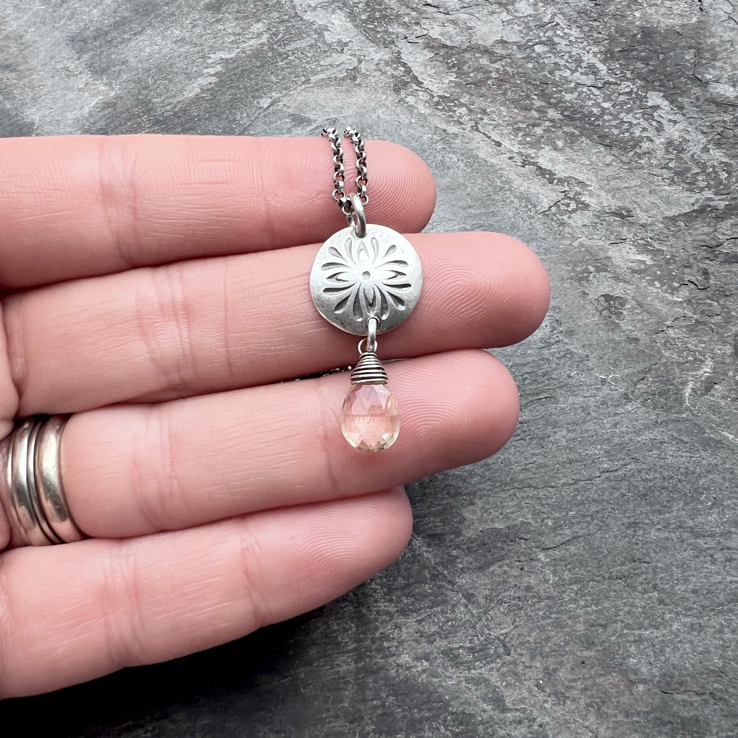 Genuine Citrine Sterling Silver Necklace | Flower Medallion and Yellow Teardrop Pendant