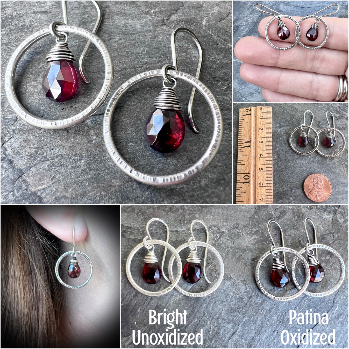 Genuine Garnet Sterling Silver Earrings | Deep Red Teardrops in Hammered Hoops