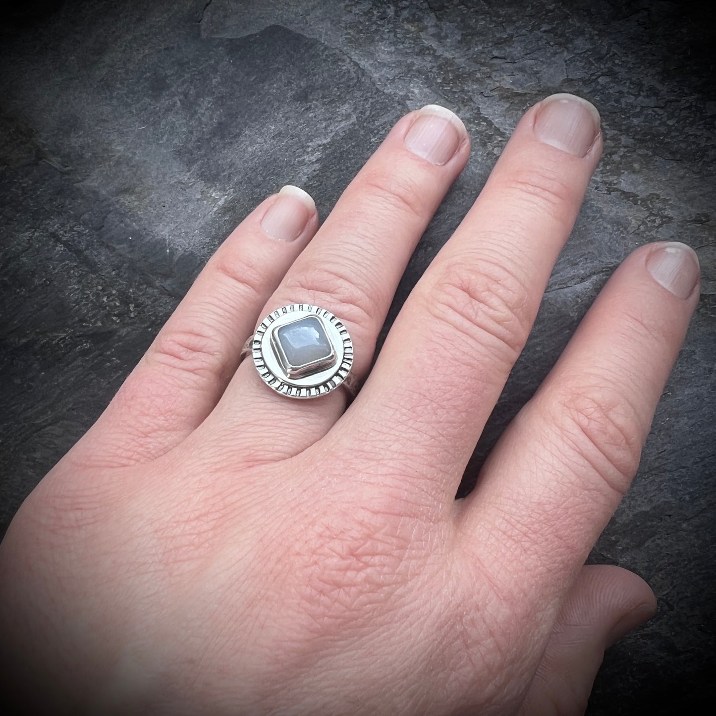 Sterling Silver Chalcedony Ring | Natural Stone Cabochon Ring - Size 7.75