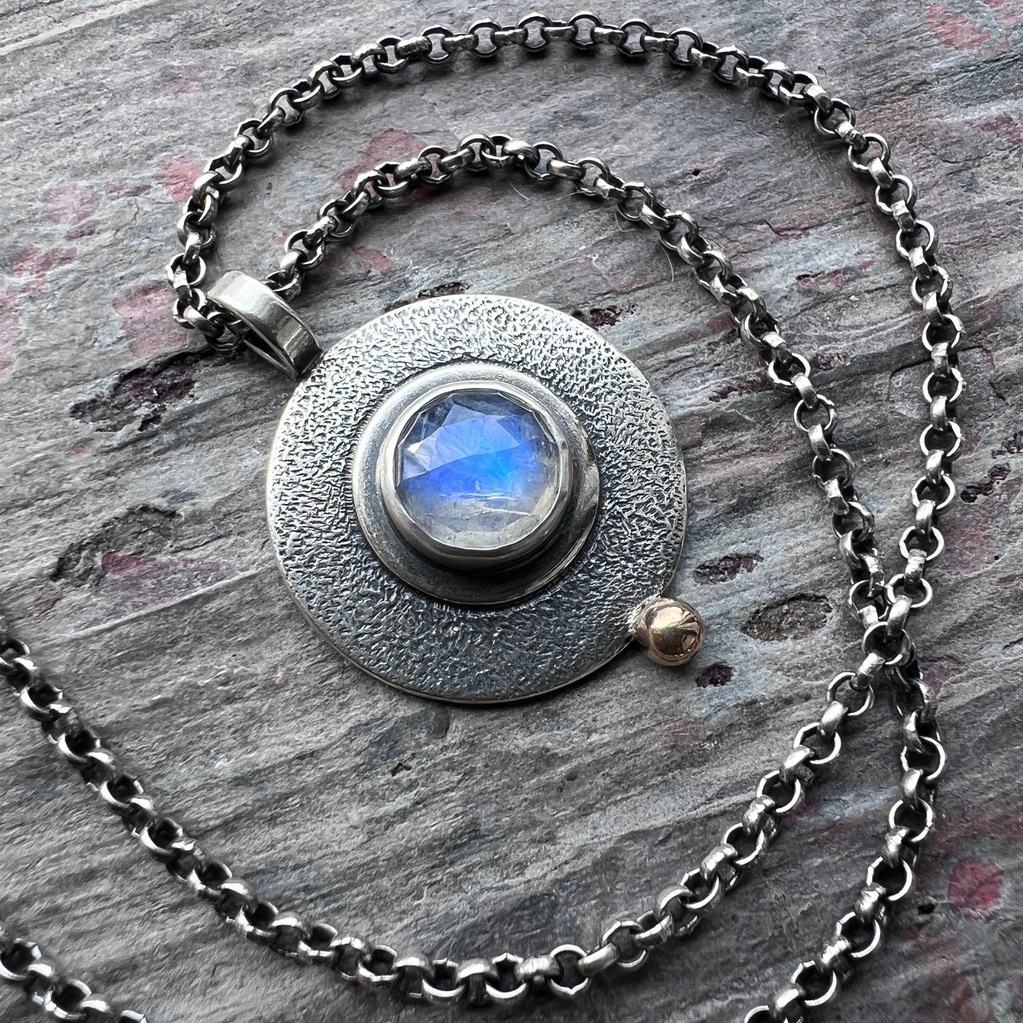 Rainbow Moonstone Sterling Silver Necklace | Circle Rainbow Moonstone Pendant Necklace