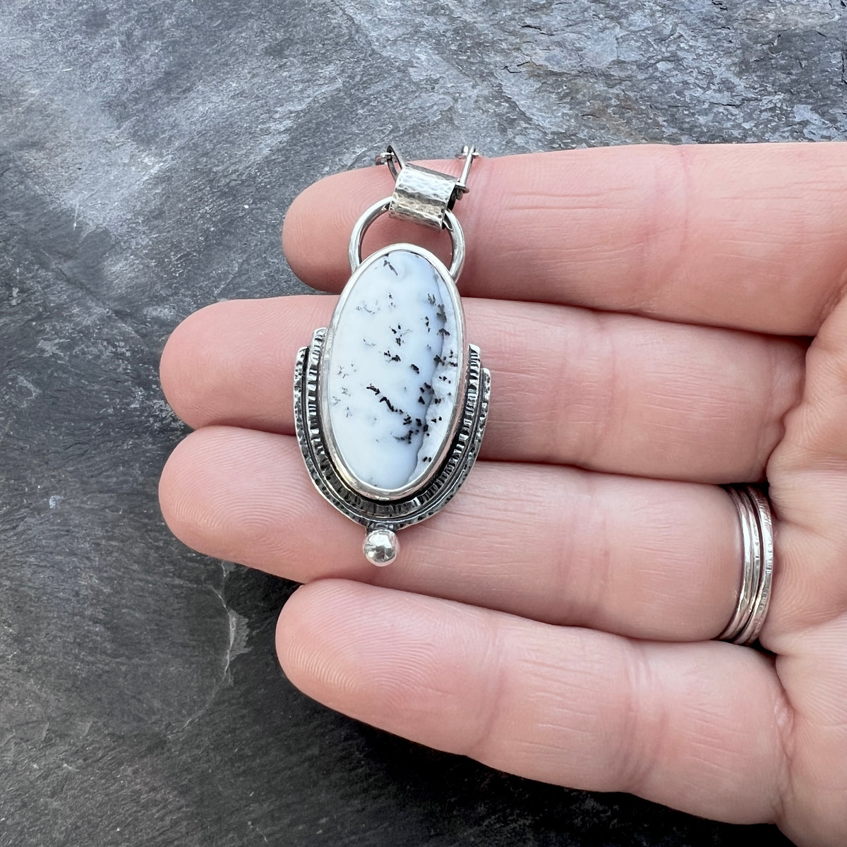 Sterling Silver Dendritic Opal Necklace | Black & White Natural Stone Pendant
