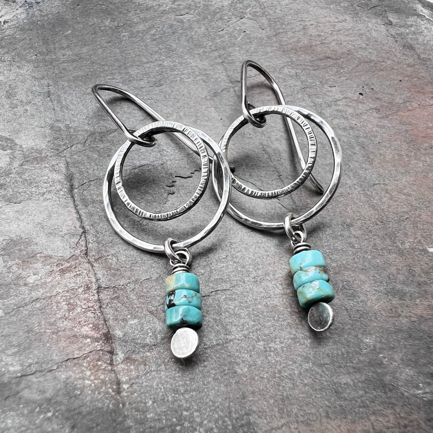 Sterling Silver Genuine Turquoise Earrings | Natural Stones on Hammered Silver Rings