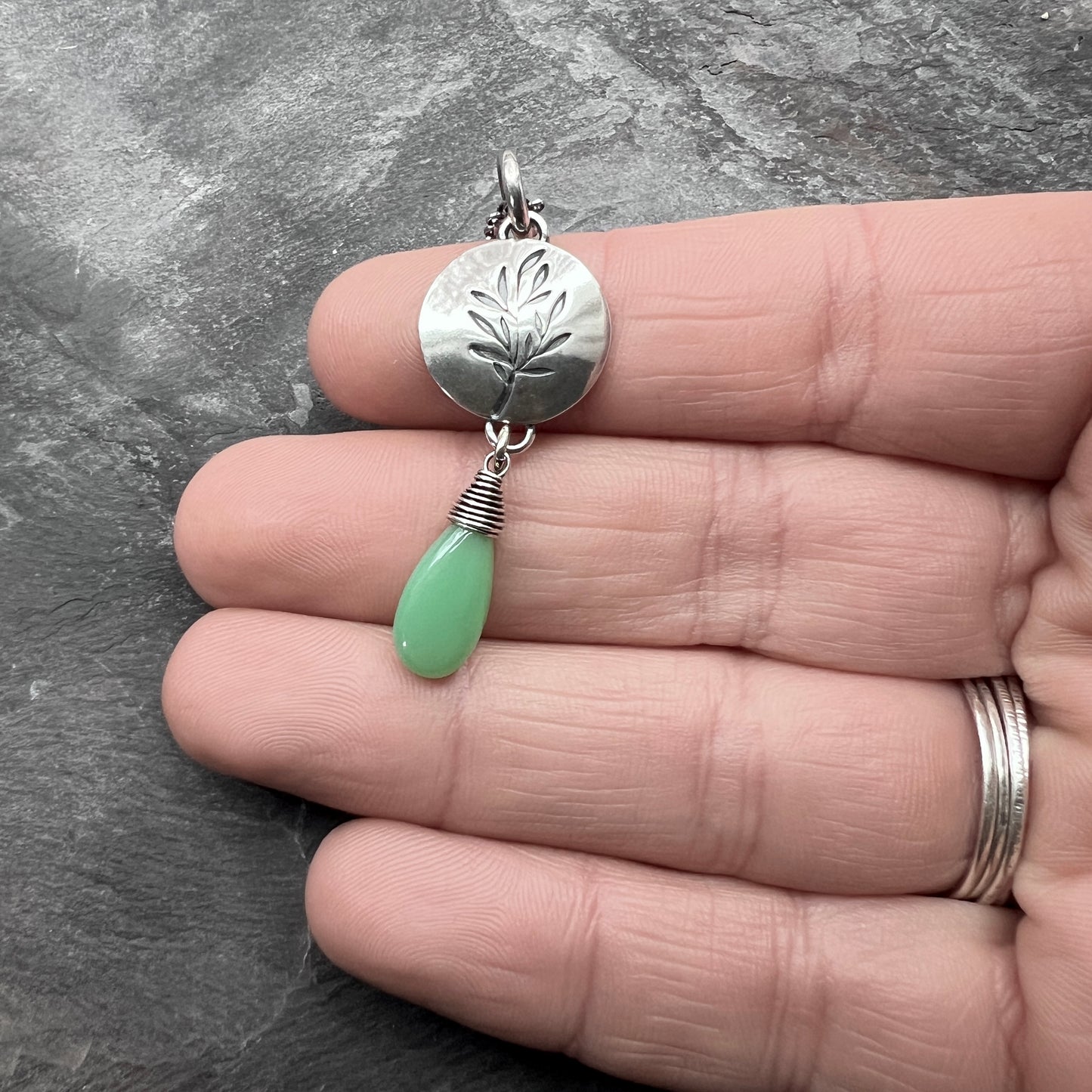Sterling Silver Chrysoprase Necklace | Stamped Branch Circle with Green Teardrop Pendant