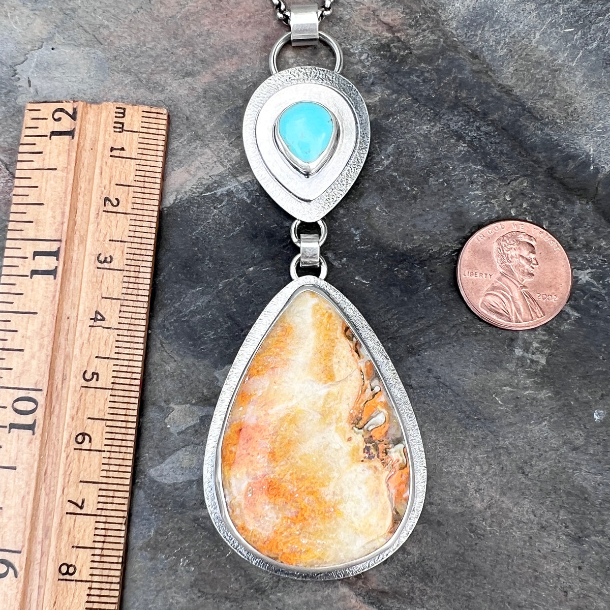 Sterling Silver Genuine Turquoise and Jasper Necklace | Natural Stone Teardrop Statement Pendant
