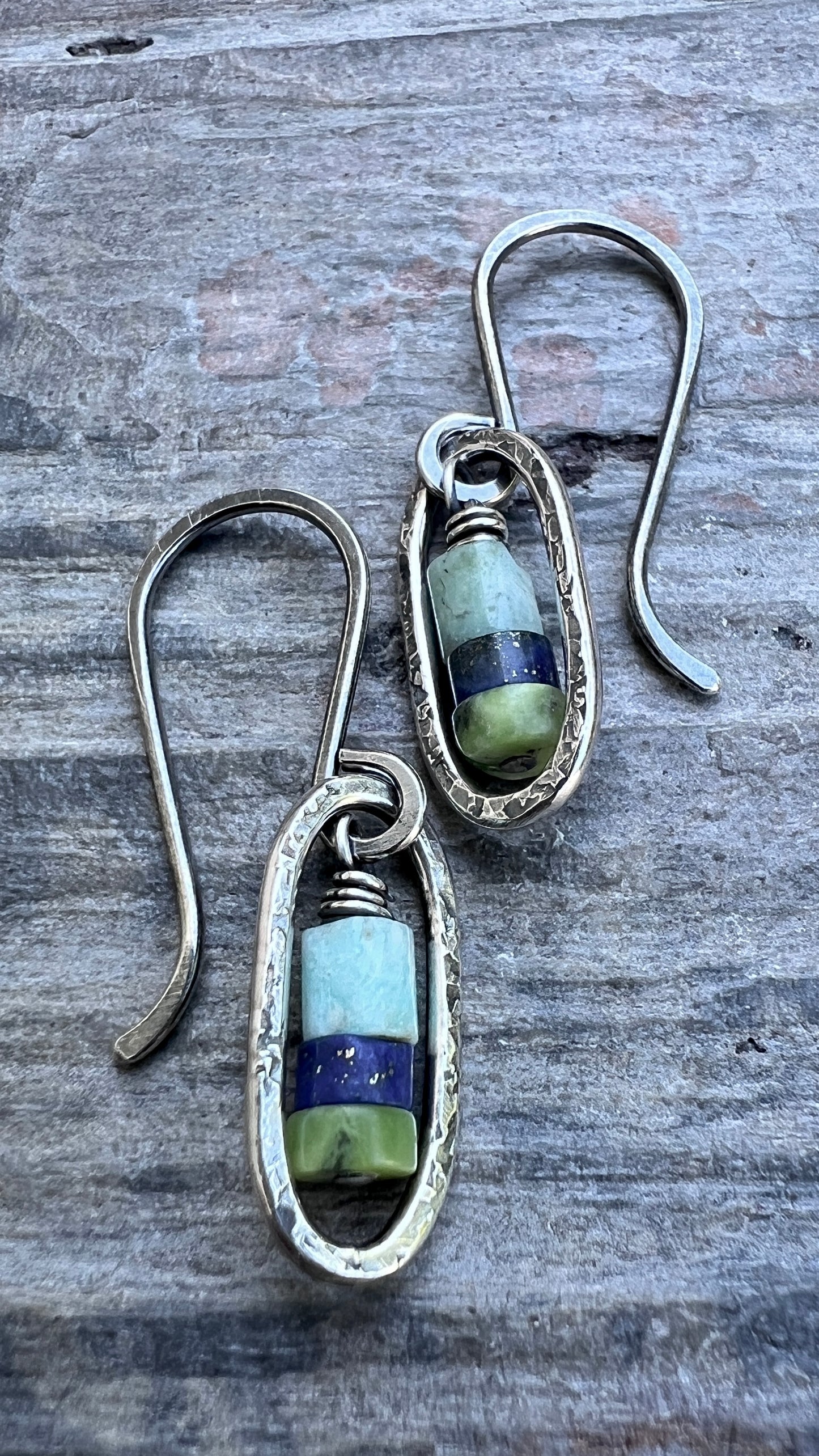 Sterling Silver Genuine Stone Earrings | Amazonite, Lapis Lazuli, and Chrysoprase in Hammered Oval Dangles