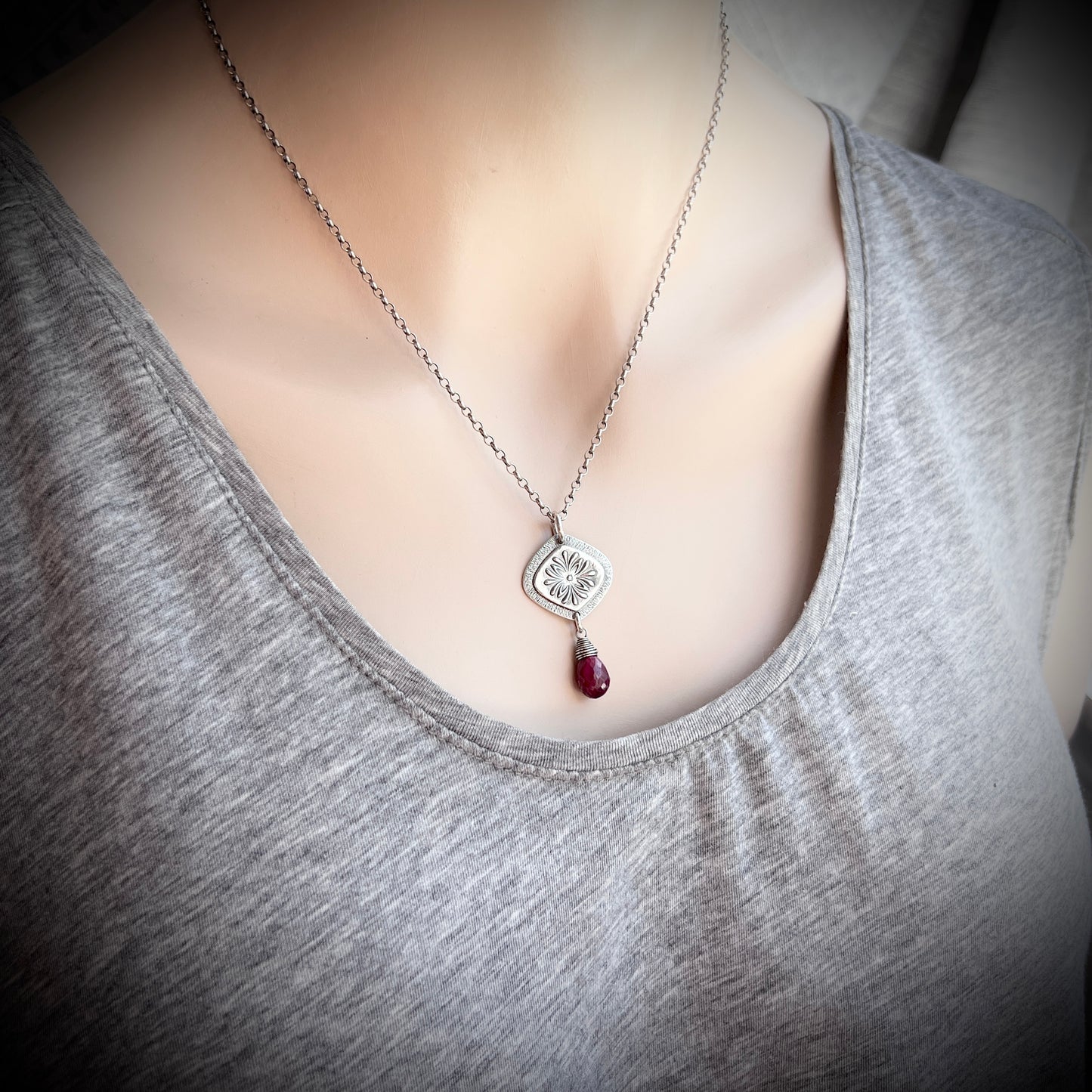 Genuine Ruby Sterling Silver Necklace | Flower Medallion and Ruby Red Teardrop Pendant