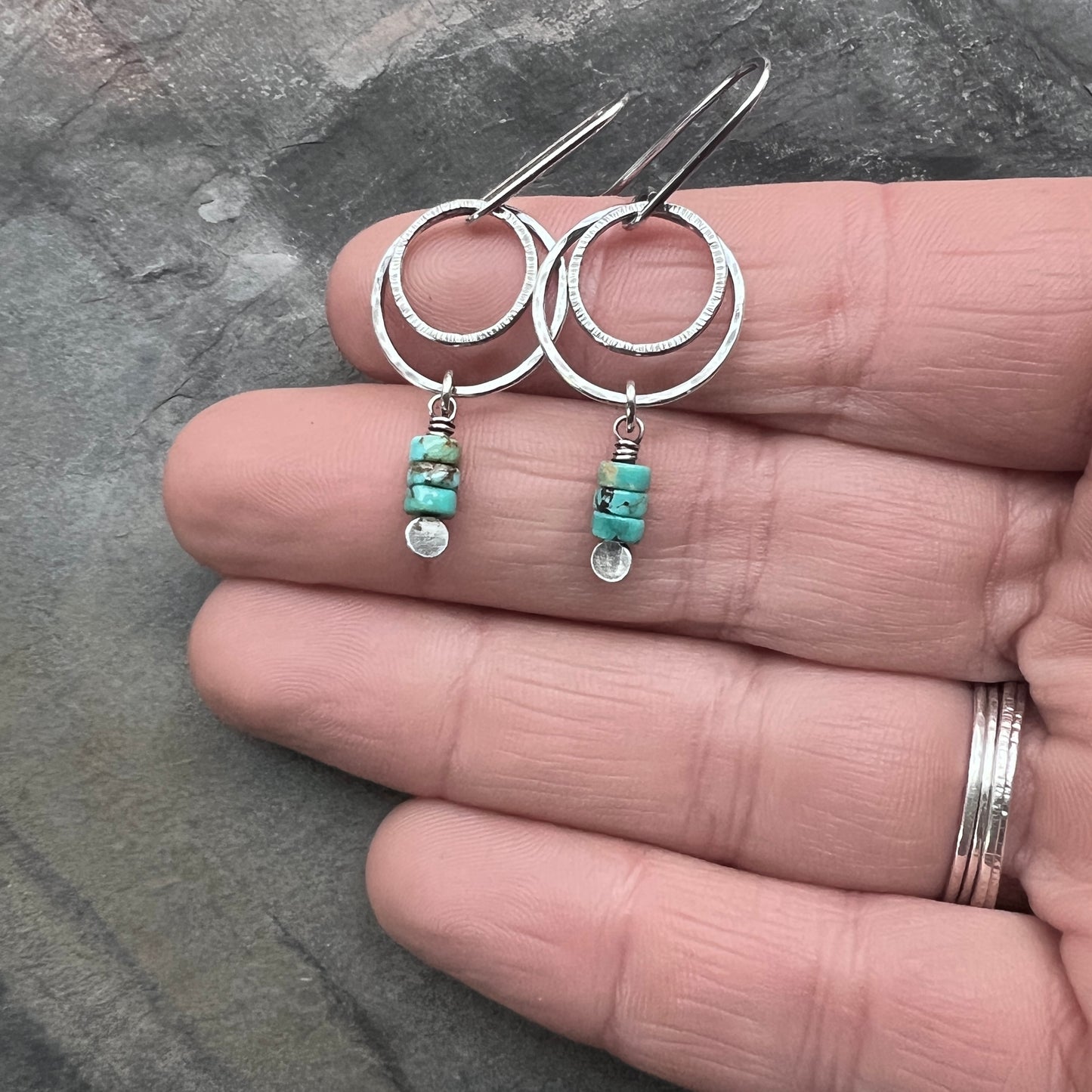 Sterling Silver Genuine Turquoise Earrings | Natural Stones on Hammered Silver Rings