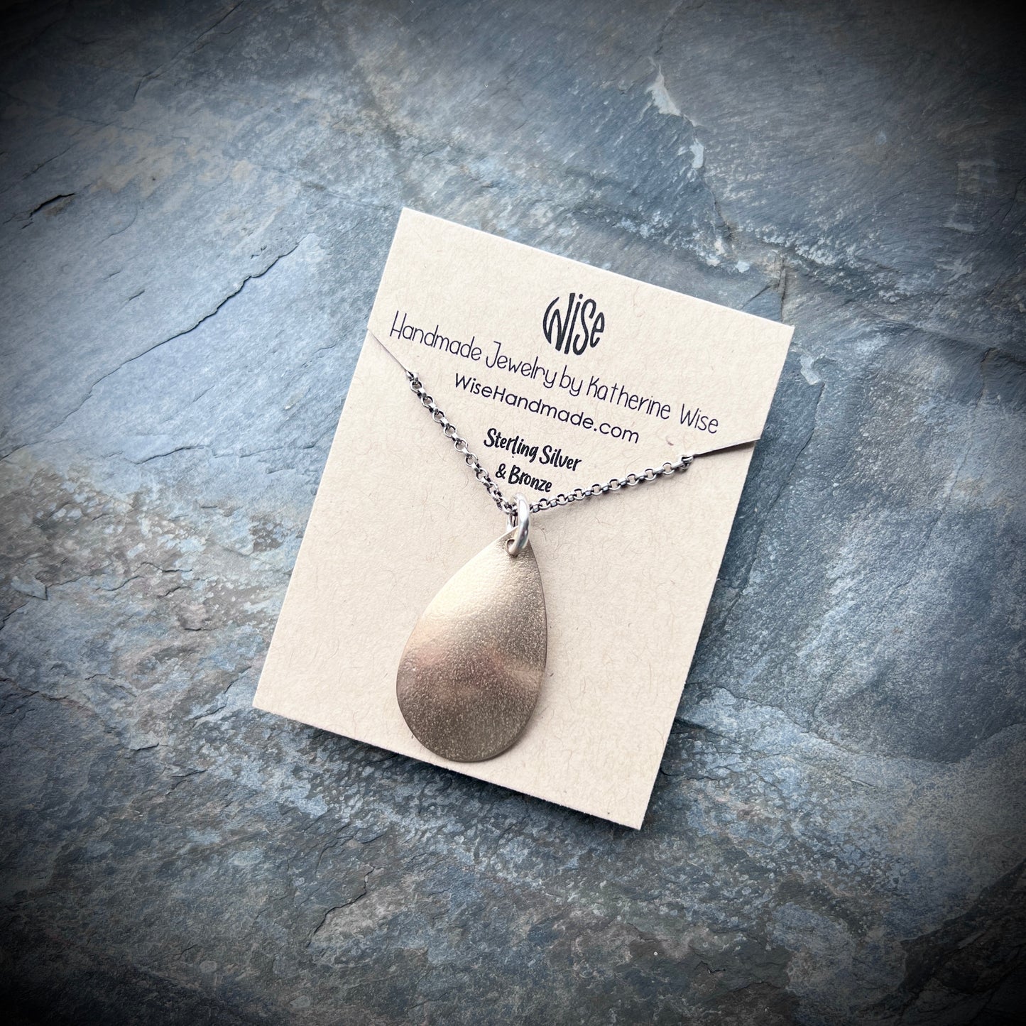 Golden Bronze Teardrop Pendant with Sterling Silver Chain | Mixed Metal Necklace