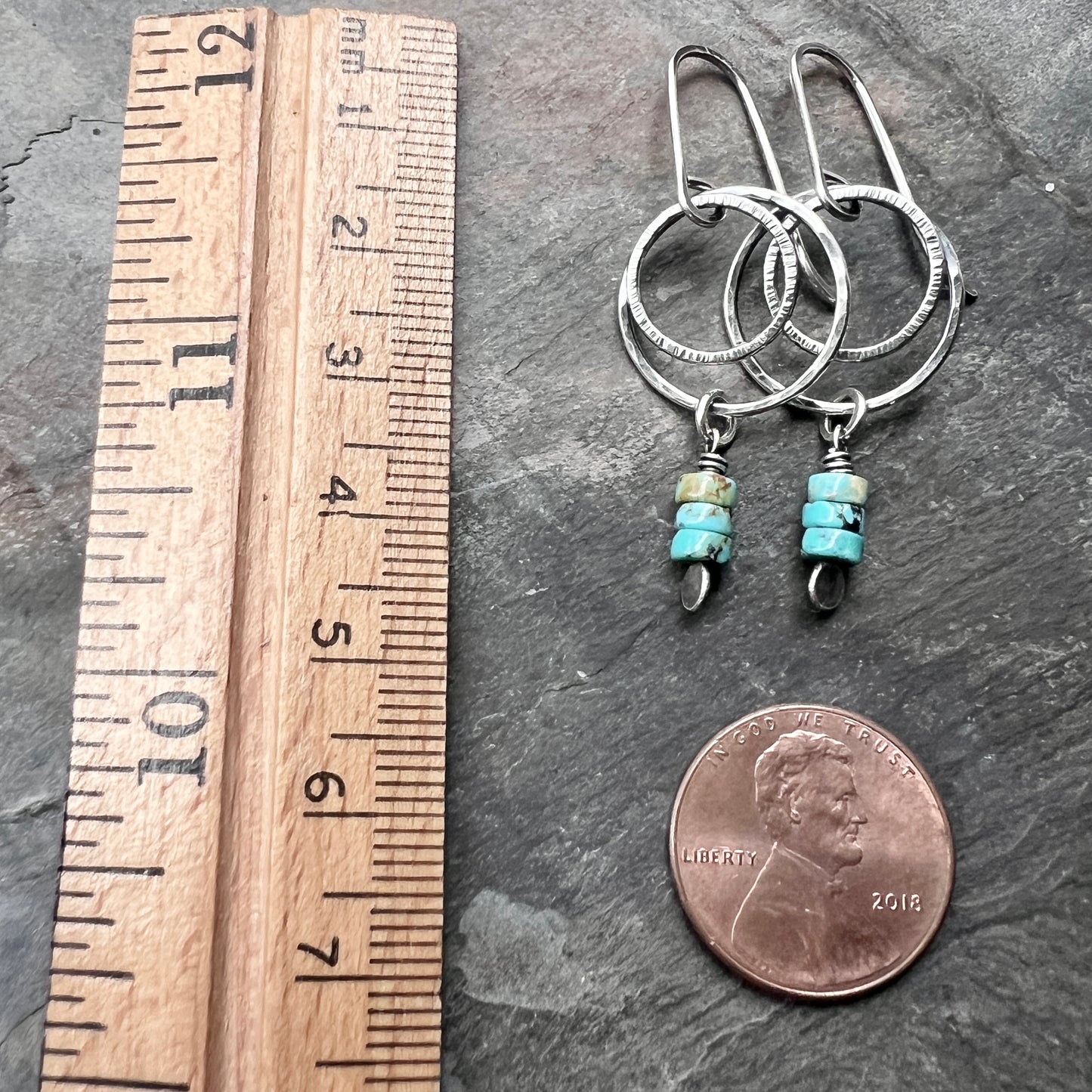Sterling Silver Genuine Turquoise Earrings | Natural Stones on Hammered Silver Rings