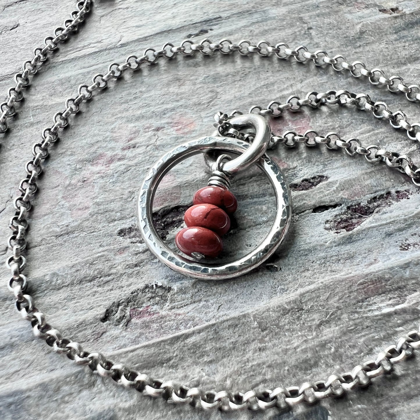 Sterling Silver Red Jasper Necklace | Natural Stones in Hammered Ring Pendant