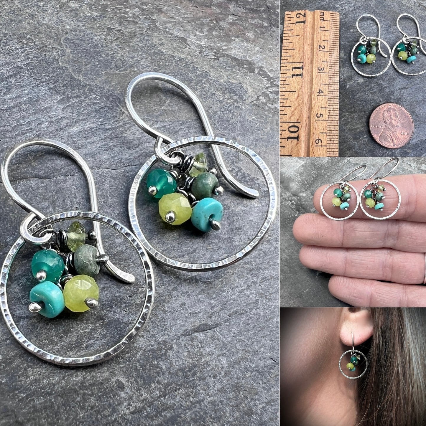 Sterling Silver Green Gemstone Earrings | Hammered Rings and Natural Stone Dangles