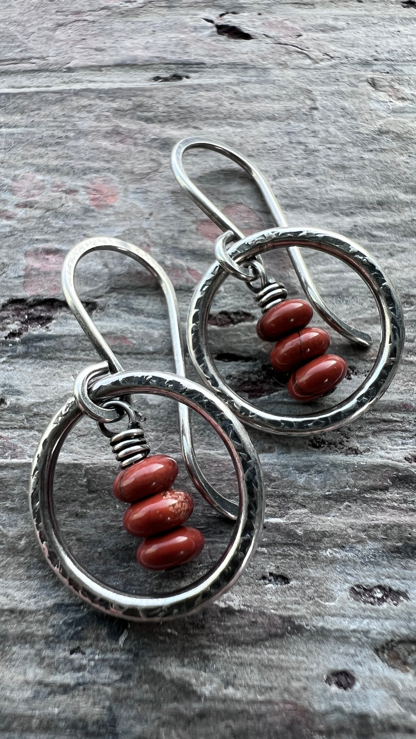 Sterling Silver Red Jasper Earrings | Natural Stones in Hammered Rings