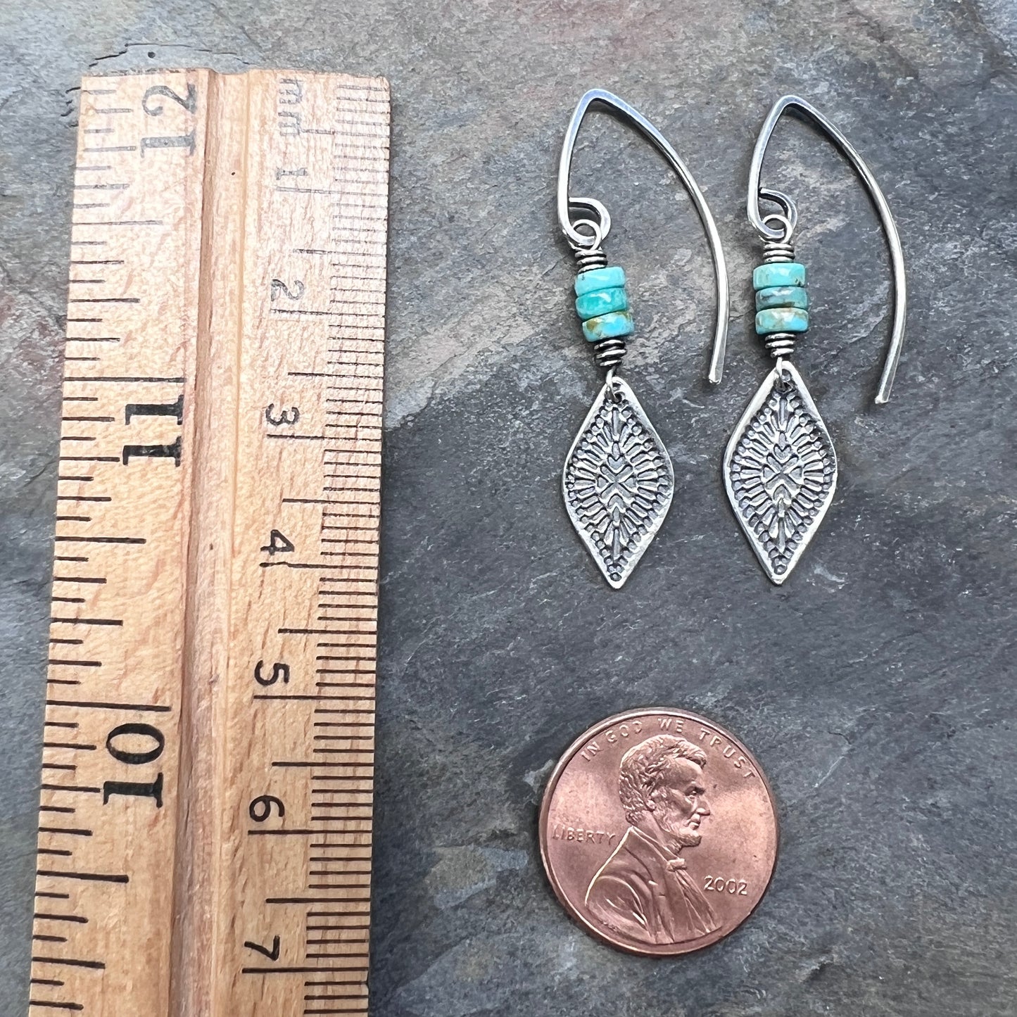 Genuine Turquoise Sterling Silver Earrings | Natural Stone Beads with Stamped Silver Dangle