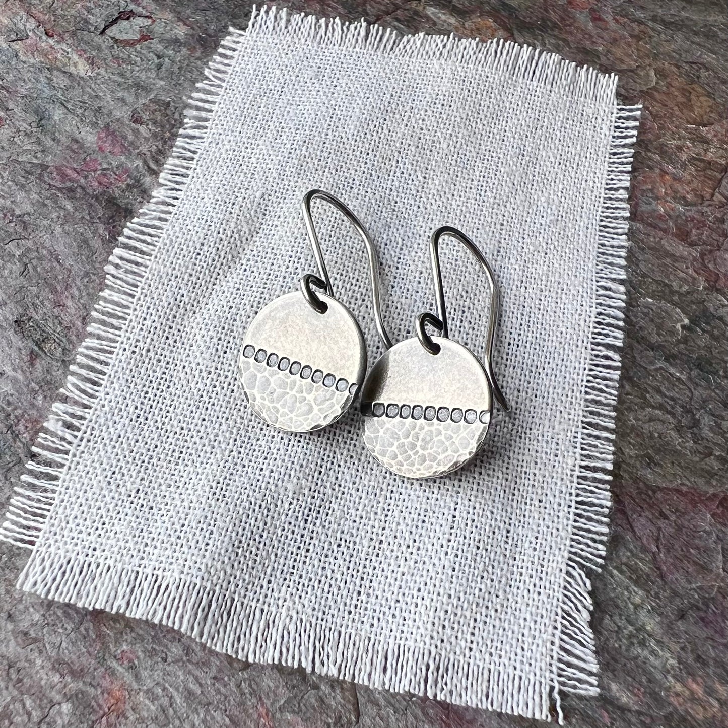 Sterling Silver Circle Earrings with Hammered and Stamped Design