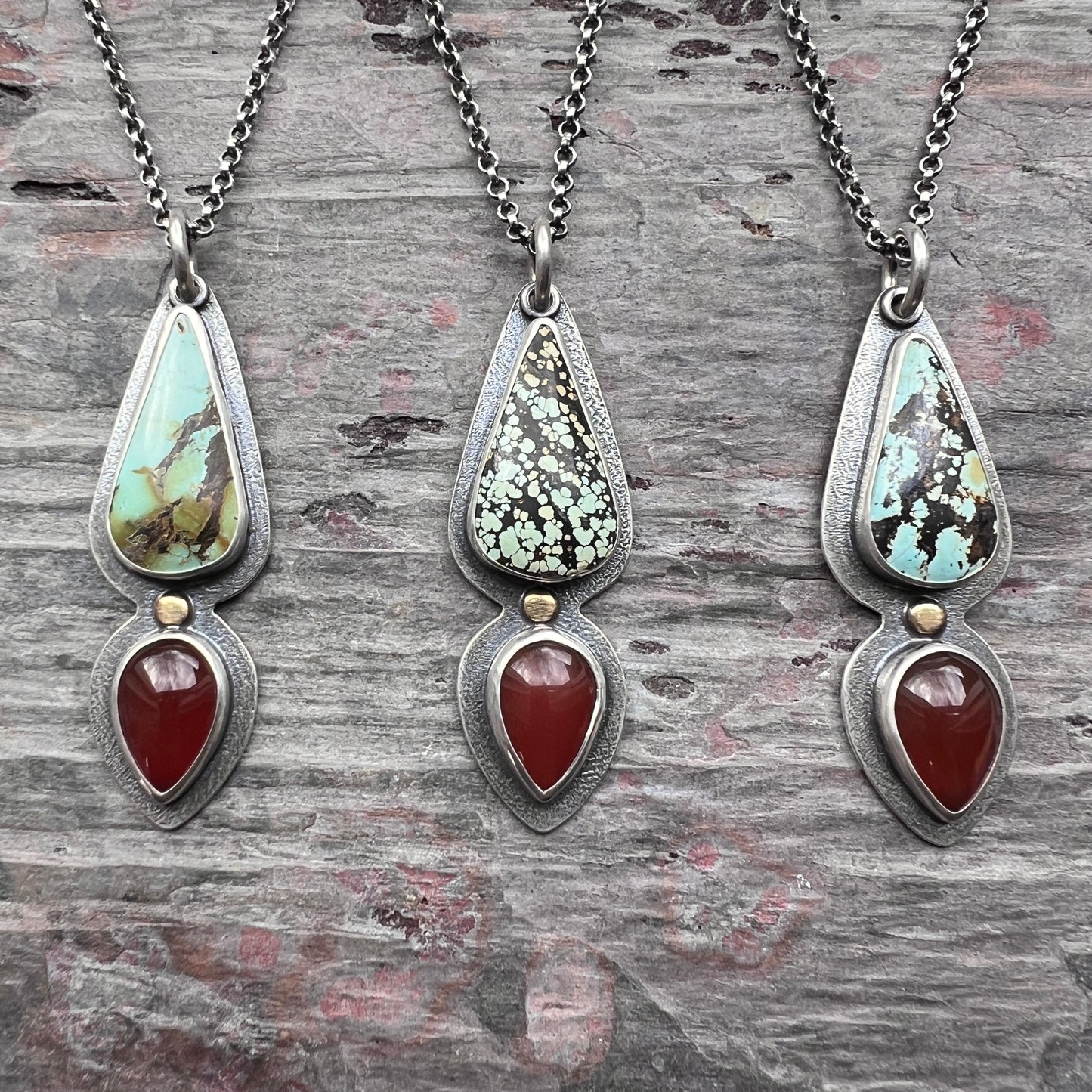 Genuine Turquoise and Carnelian Sterling Silver Necklace | One-of-a-kind Teardrop Pendant (#3)