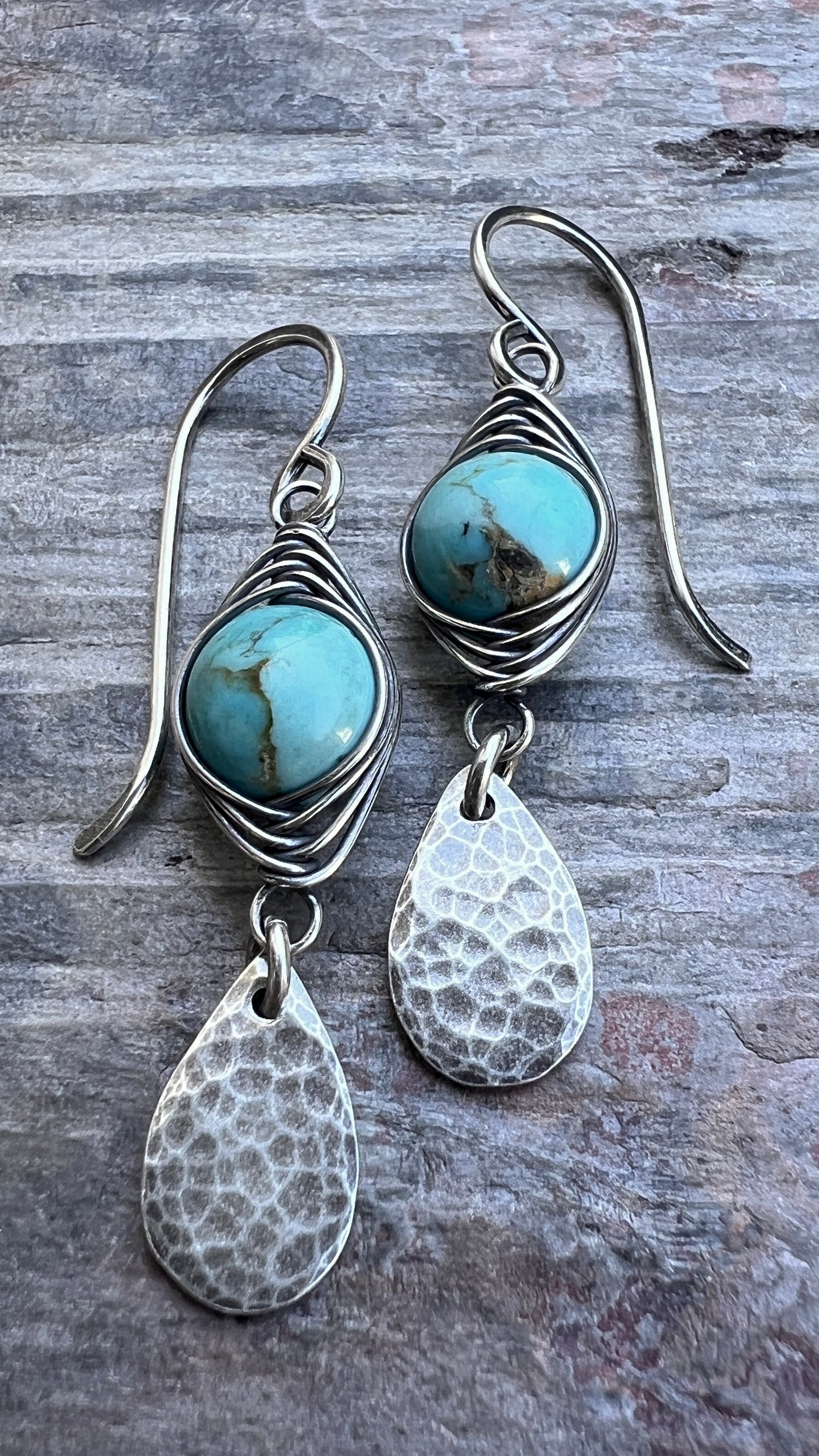 Genuine Turquoise Sterling Silver Earrings | Wire-wrapped Natural Stone and Hammered Teardrop Dangles