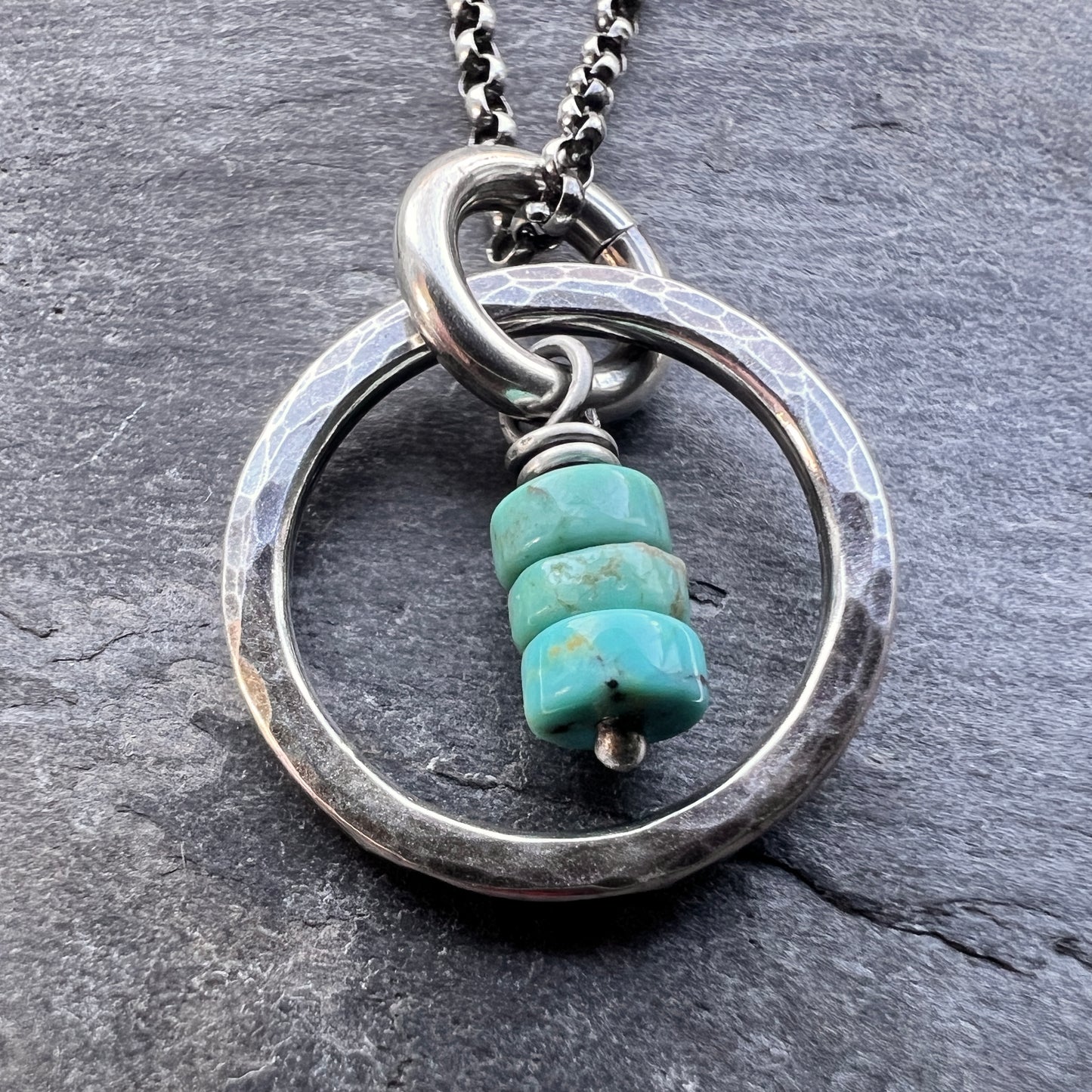Turquoise Sterling Silver Necklace - Genuine Turquoise in Hammered Circle Pendant