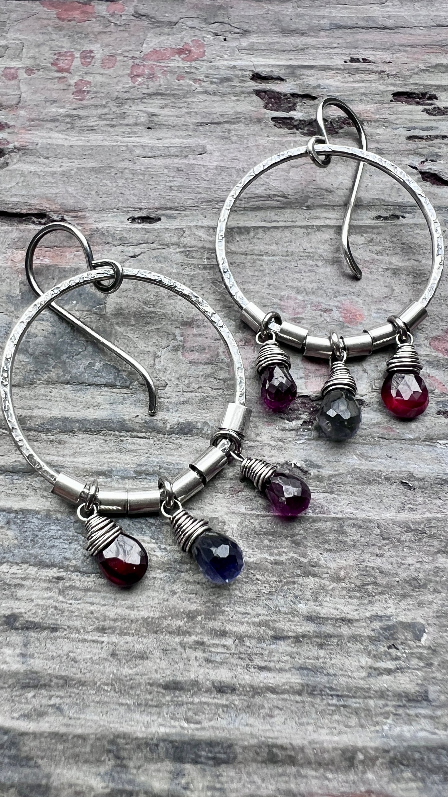 Sterling Silver Garnet and Iolite Earrings | Genuine Natural Stones and Hammered Silver Hoops