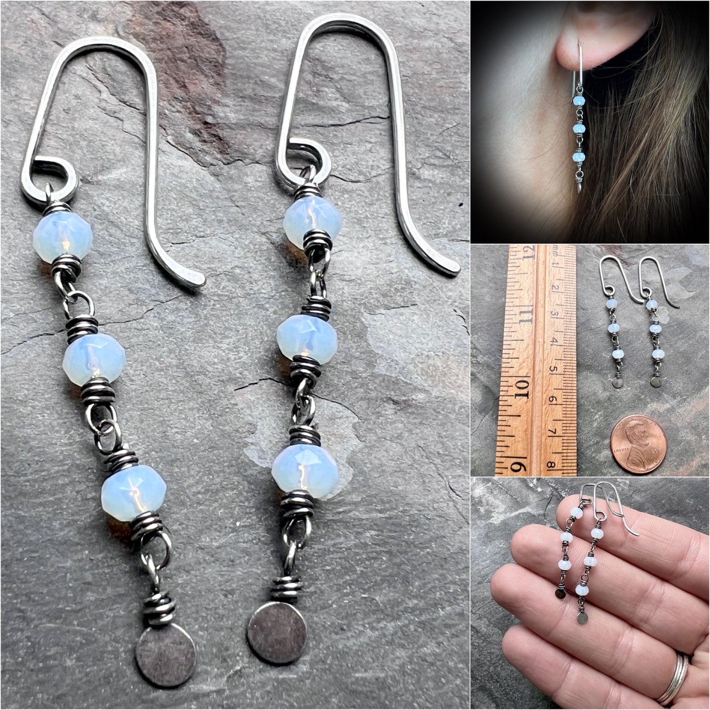 Sterling Silver Opalite Earrings | Beaded Opalite Long Dangles