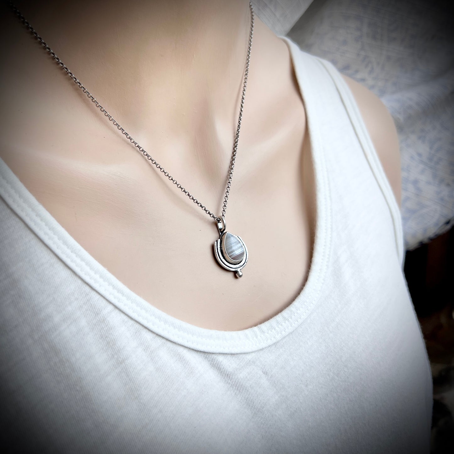 Sterling Silver Banded Agate Necklace | Natural Stone Teardrop Pendant