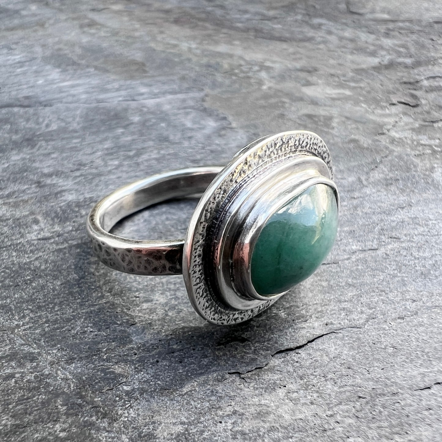 Sterling Silver Emerald Ring | Natural Stone Cabochon Ring - Size 7.25
