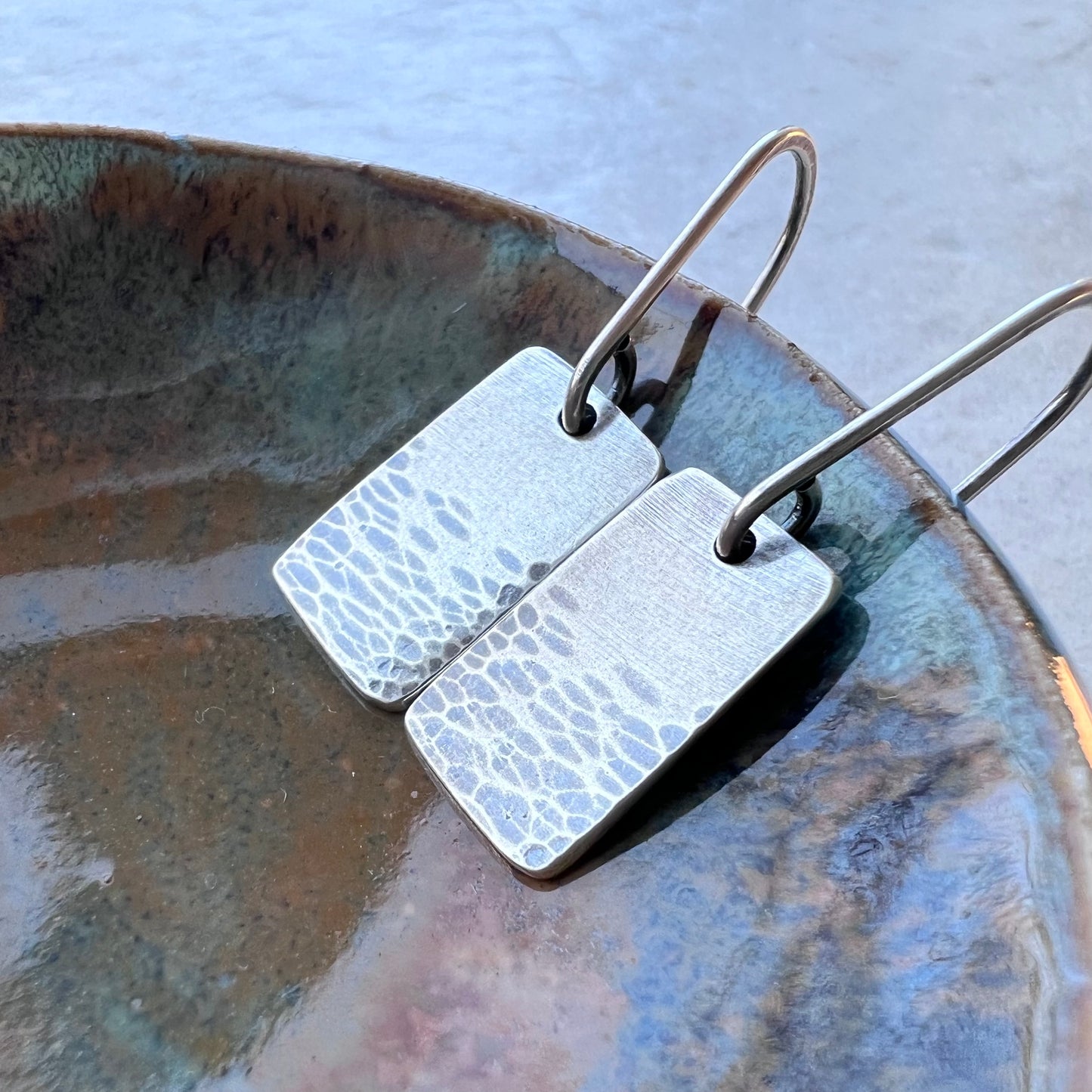 Rectangle Sterling Silver Earrings Solid Silver Hammered Rectangular Small Everyday Earrings