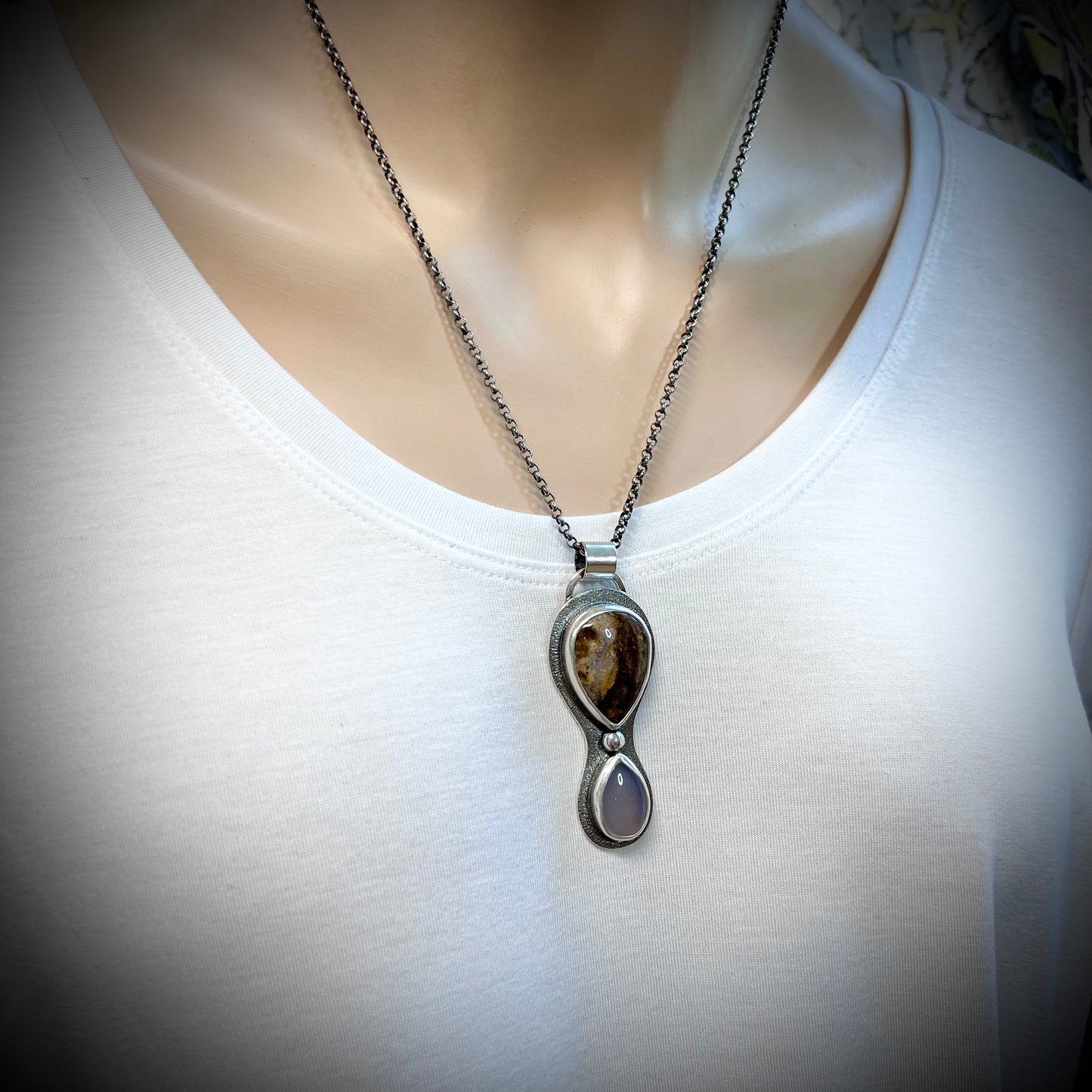 Pietersite and Chalcedony Sterling Silver Necklace - Handmade One-of-a-kind Pendant on Sterling Silver Chain