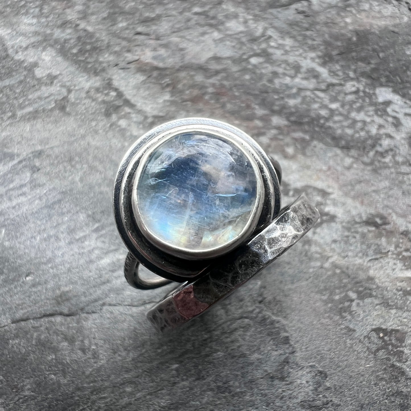 Sterling Silver Rainbow Moonstone Ring | Round Natural Stone Cabochon Ring - Size 9
