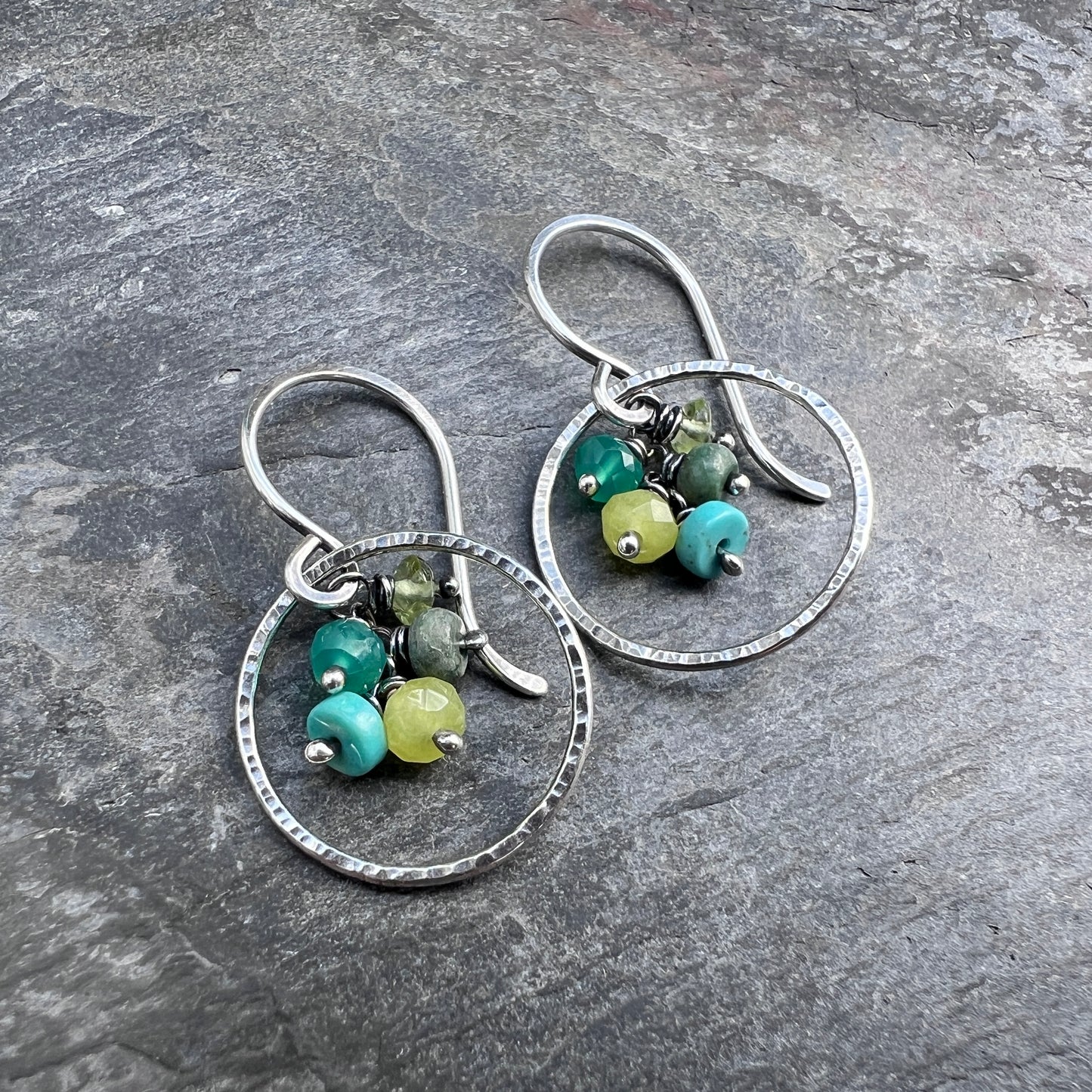 Sterling Silver Green Gemstone Earrings | Hammered Rings and Natural Stone Dangles