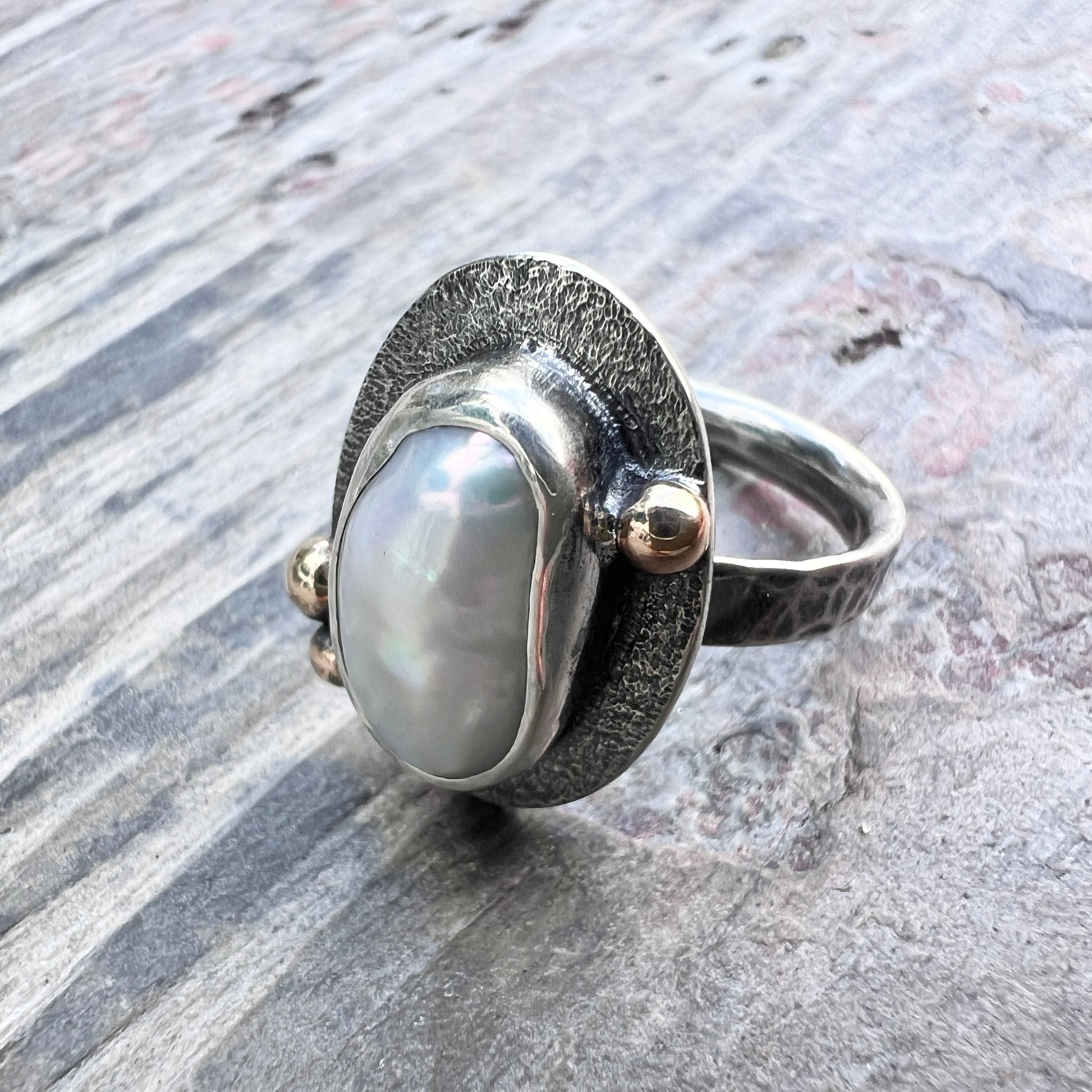 Sterling Silver Baroque Pearl Ring Genuine Natural Pearl with Golden Brass Accents Size