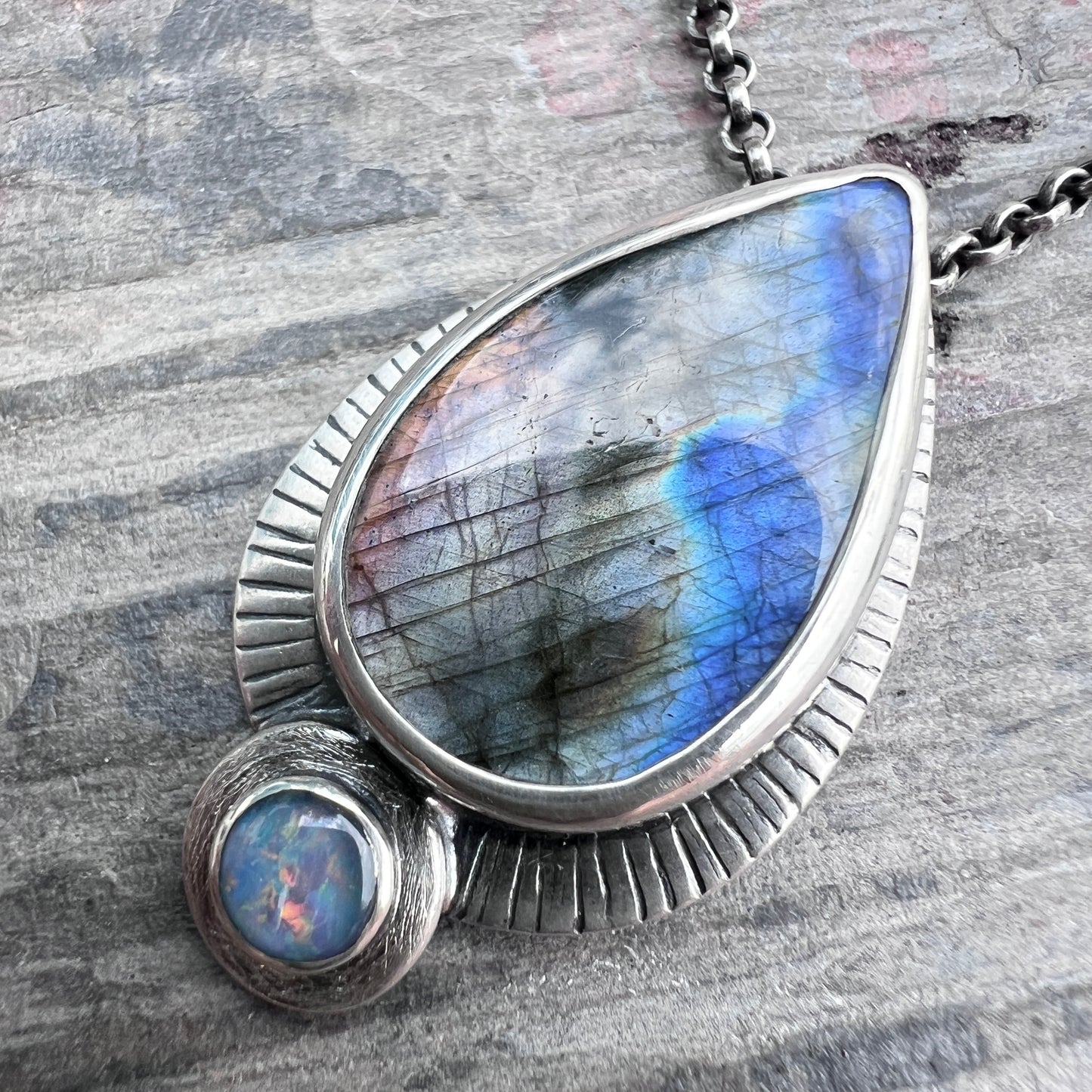 Sterling Silver Labradorite Necklace | Natural Stone Teardrop with Opal Triplet Pendant