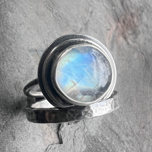 Sterling Silver Rainbow Moonstone Ring | Round Natural Stone Cabochon Ring - Size 9
