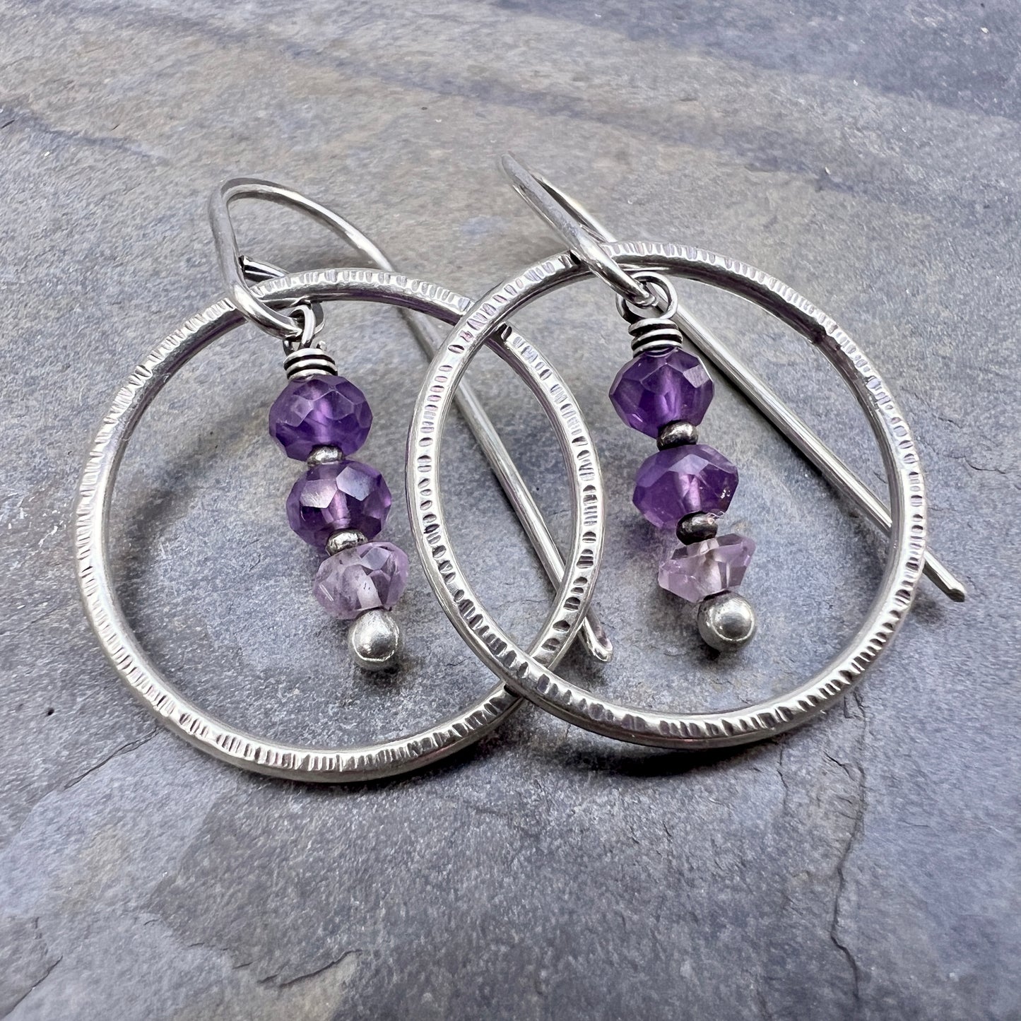 Amethyst Sterling Silver Earrings | Purple Natural Stone Dangle Hoops