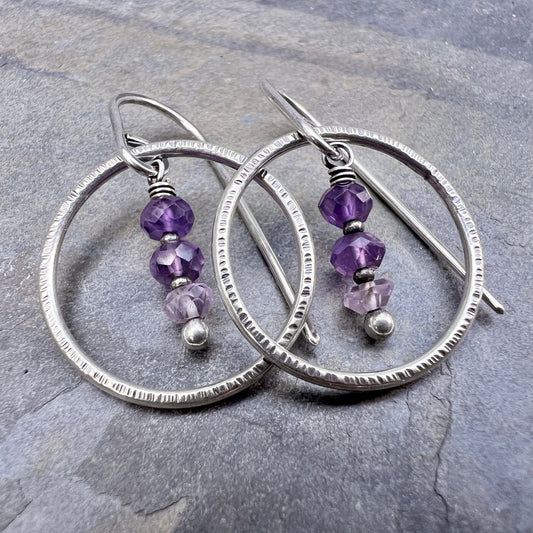 Amethyst Sterling Silver Earrings | Purple Natural Stone Dangle Hoops