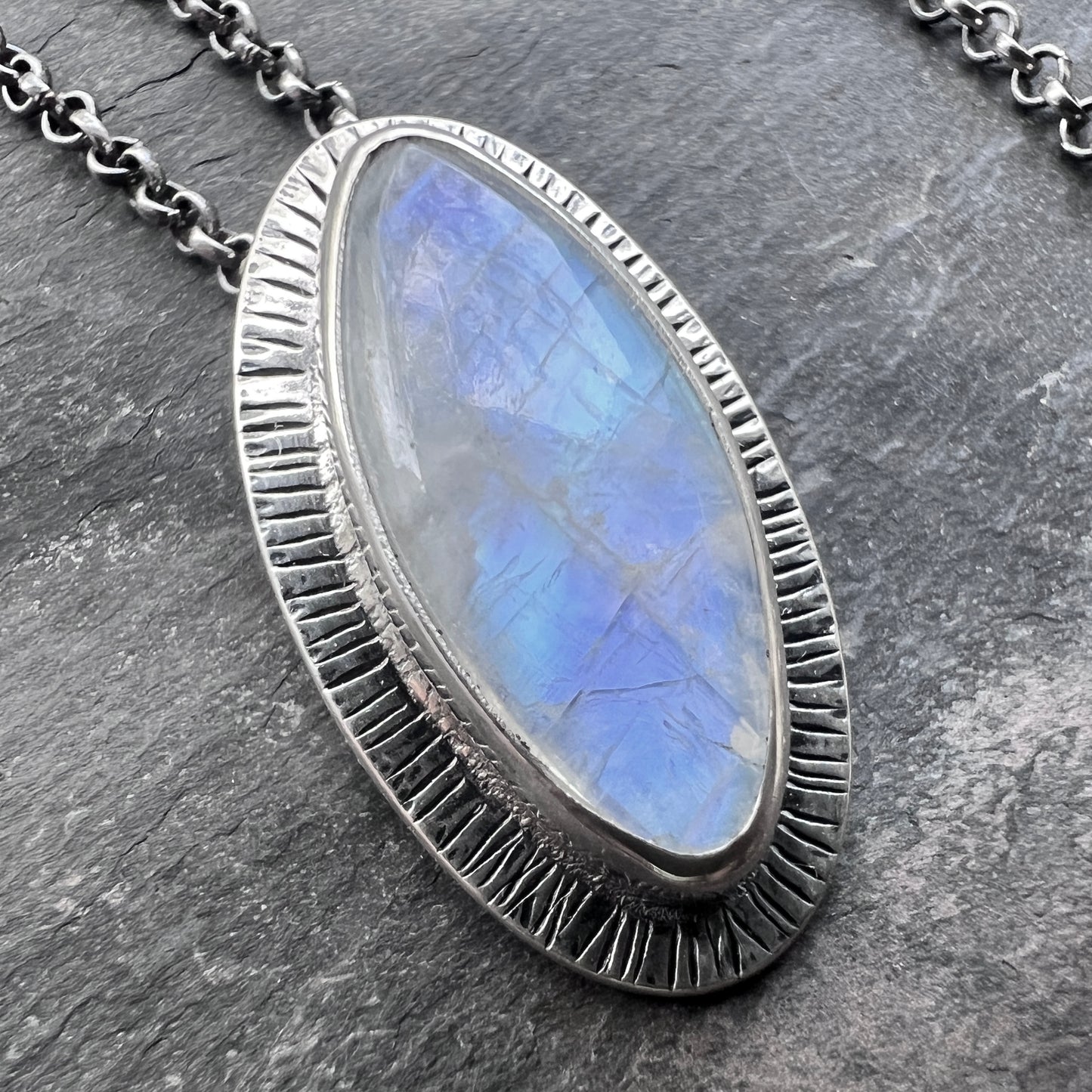 Sterling Silver Rainbow Moonstone Necklace | One-of-a-Kind Natural Stone Marquise Pendant