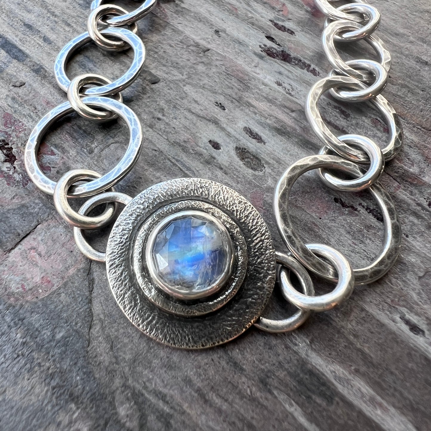 Sterling Silver Rainbow Moonstone Bracelet | Natural Stone Hammered Silver Bracelet