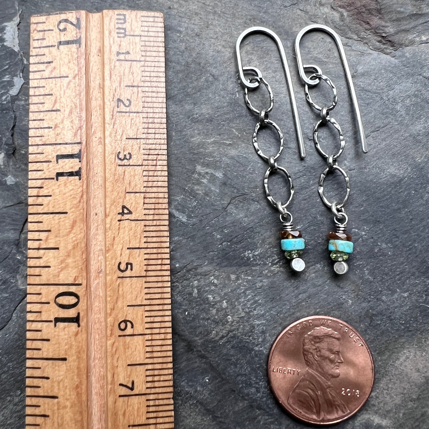 Peridot, Turquoise, Garnet, and Sterling Silver Lightweight Dangle Earrings