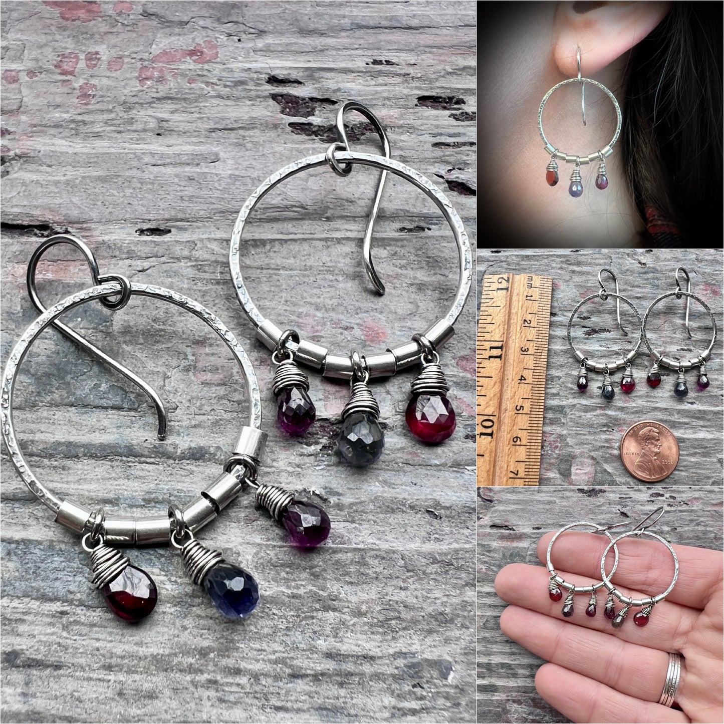 Sterling Silver Garnet and Iolite Earrings | Genuine Natural Stones and Hammered Silver Hoops