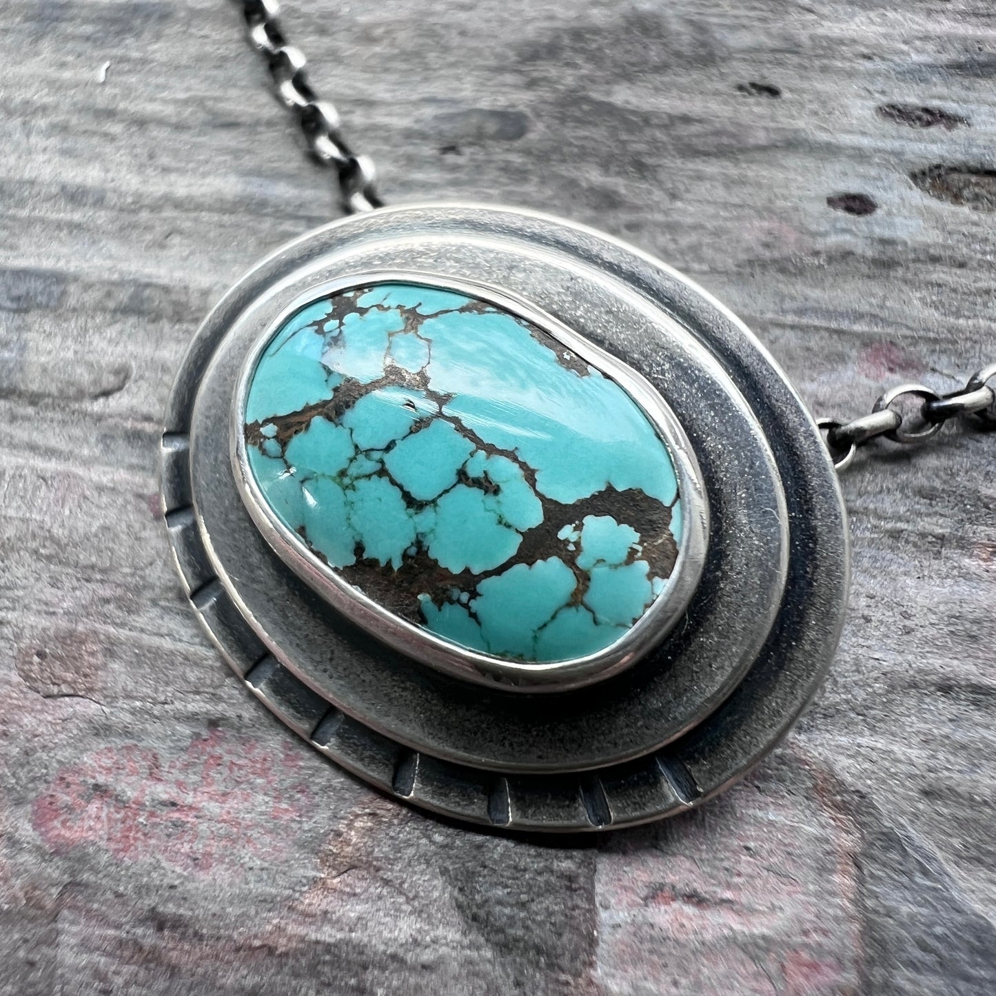 Sterling Silver Genuine Turquoise Necklace | Natural Stone Layered Oval Pendant