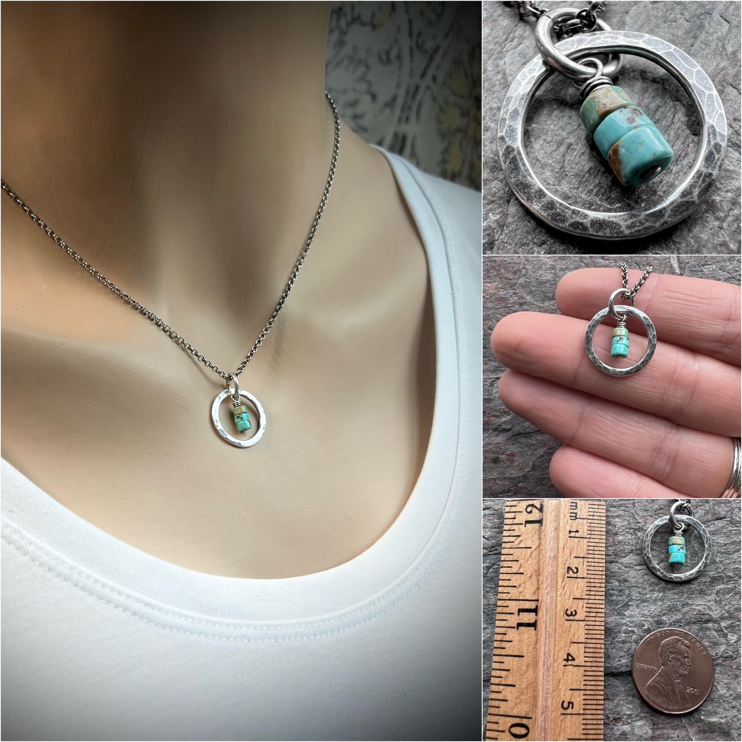 Turquoise Sterling Silver Necklace - Genuine Turquoise in Hammered Circle Pendant on Sterling Silver