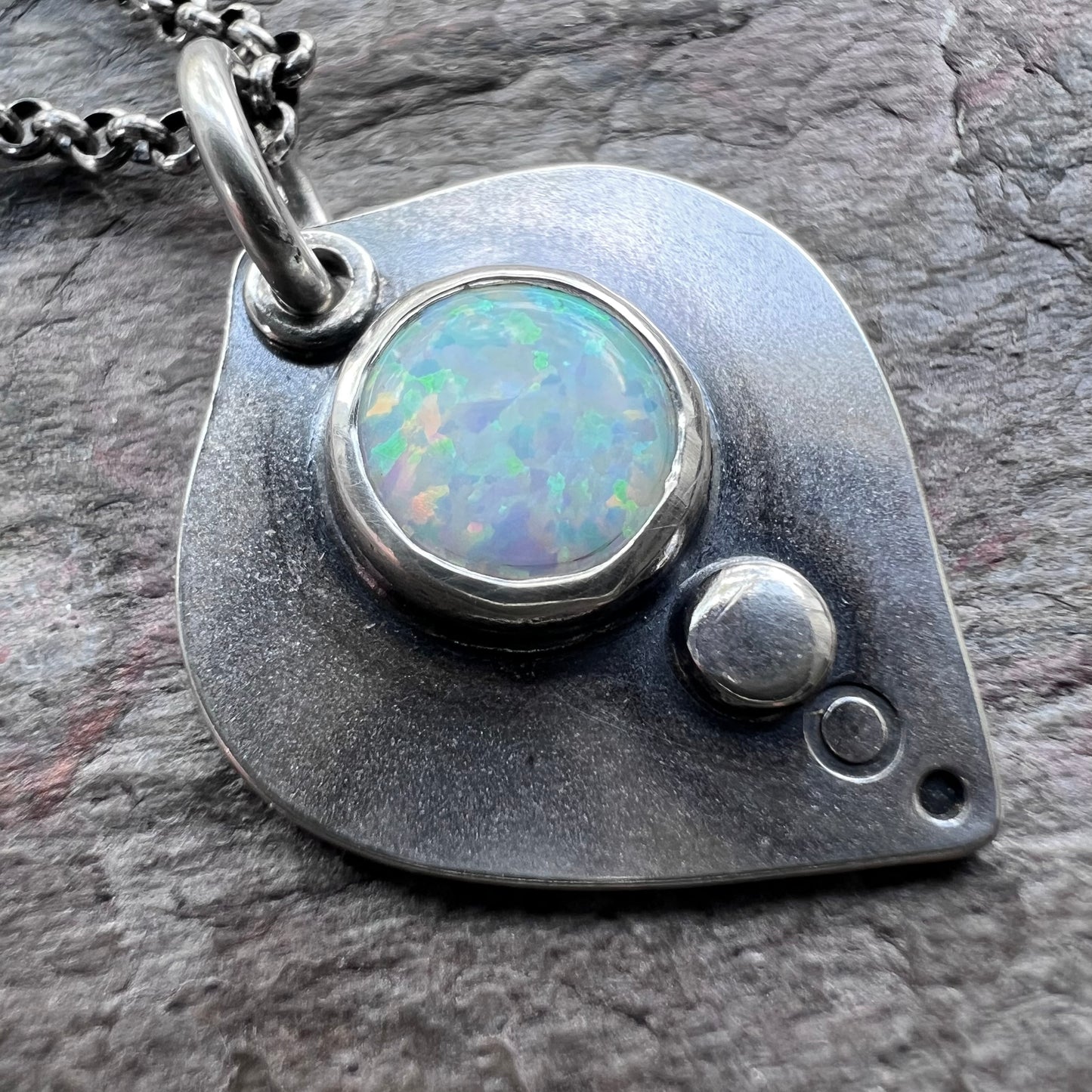 Sterling Silver Simulated Opal Necklace - Handmade Opal Petal Pendant on Sterling Silver Chain