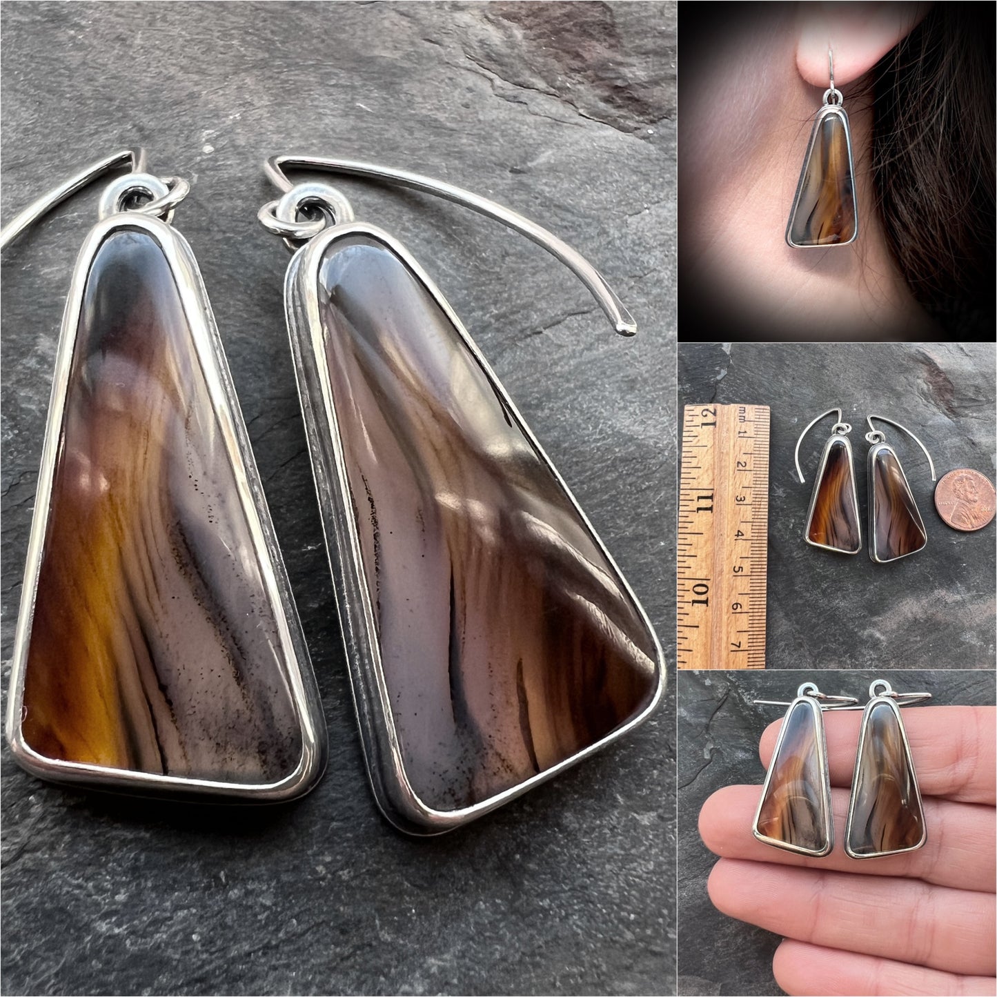 Sterling Silver Montana Agate Earrings | Brown Triangular Stone Cabochon Large Dangles