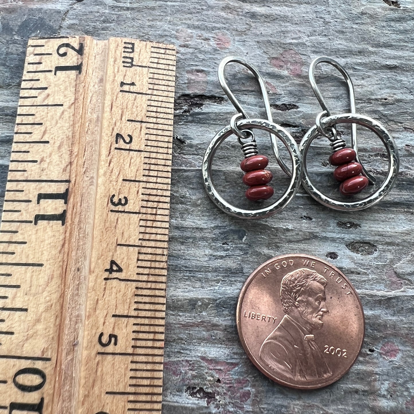 Sterling Silver Red Jasper Earrings | Natural Stones in Hammered Rings