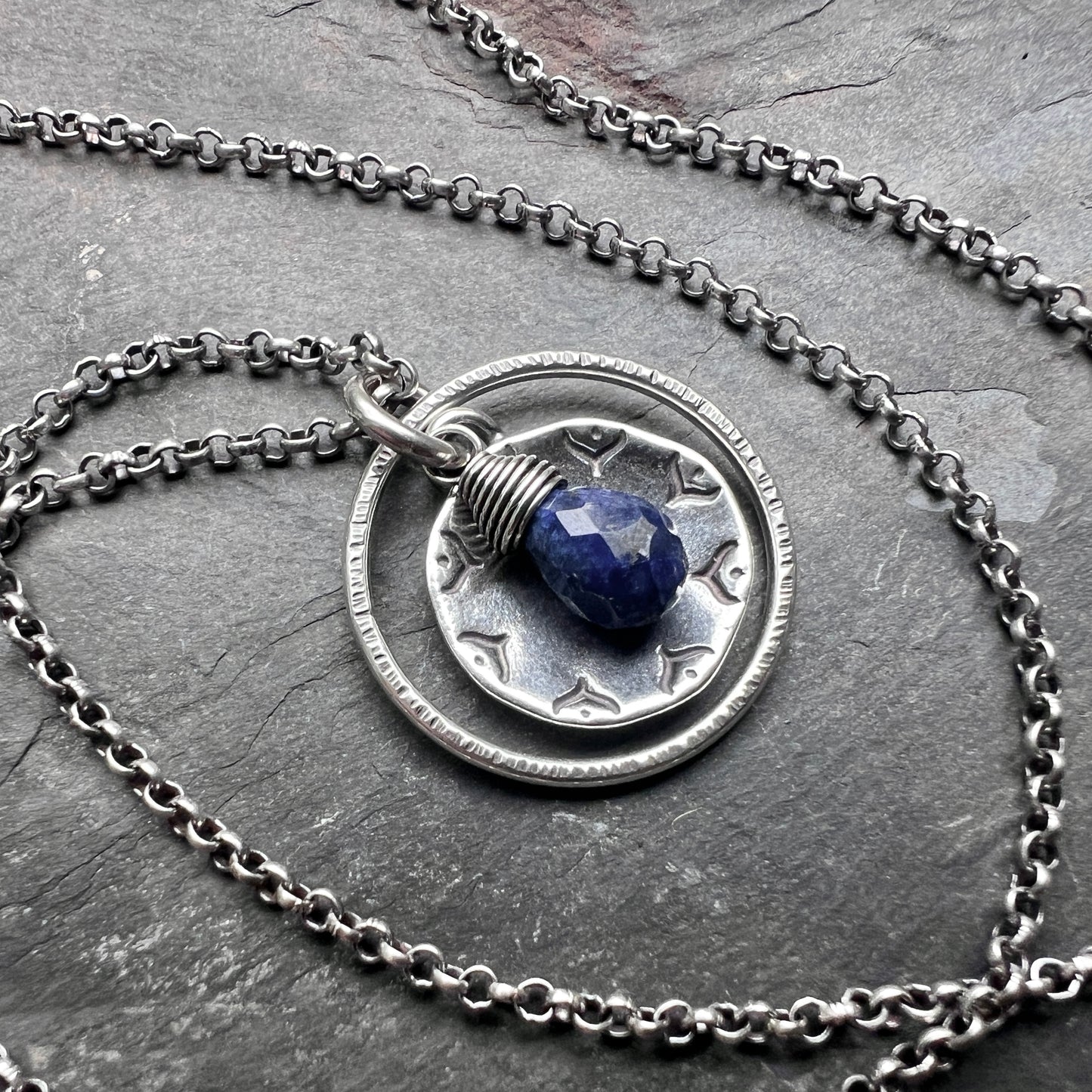 Genuine Sapphire Sterling Silver Necklace | Dark Blue Gemstone Stamped Circle Pendant
