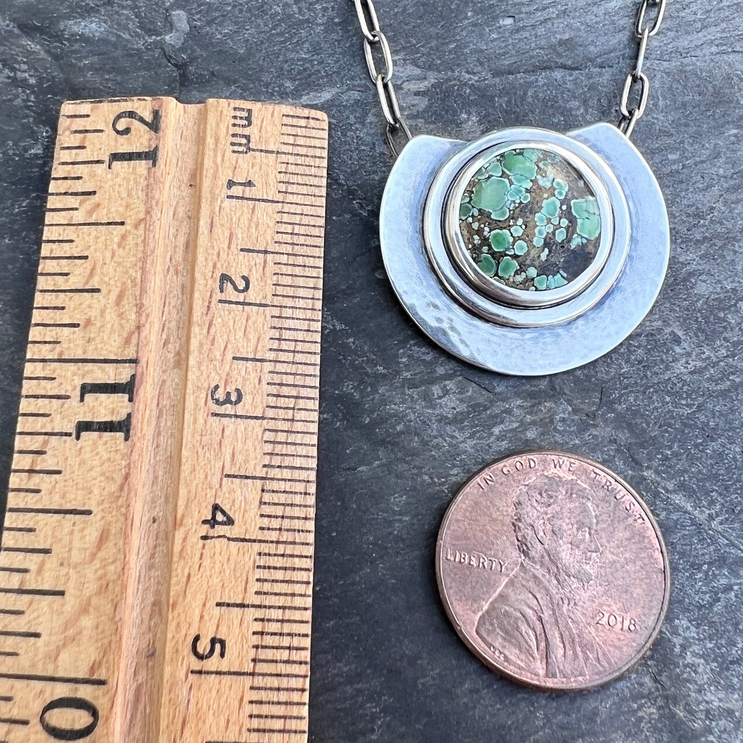 Sterling Silver Genuine Turquoise Necklace | Green Natural Stone Round Cabochon Pendant