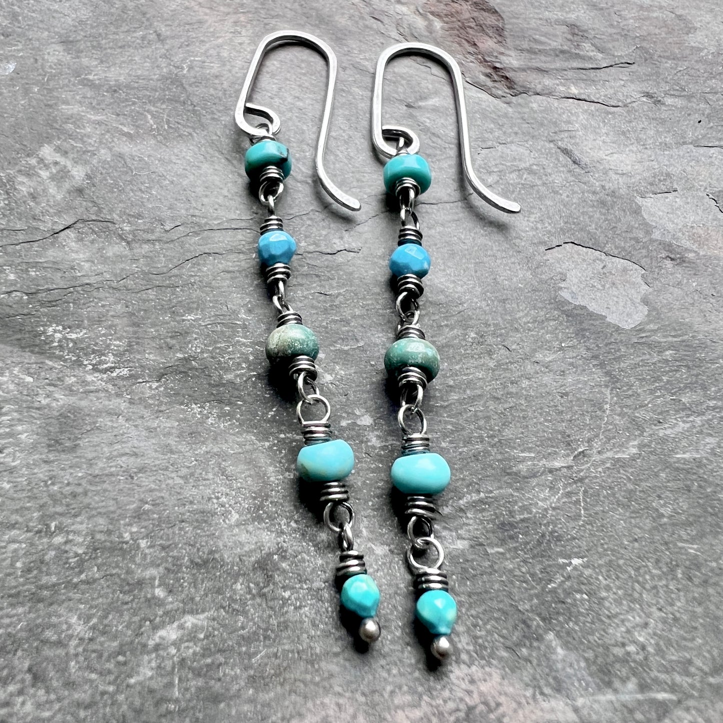 Genuine Turquoise Sterling Silver Earrings | Mixed Natural Stone Long Dangle Earrings