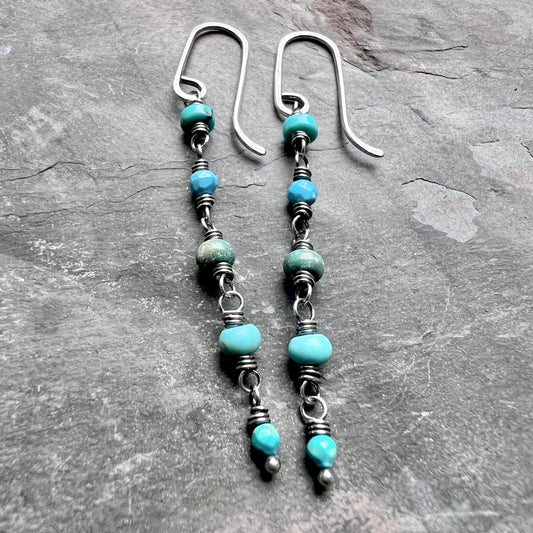 Genuine Turquoise Sterling Silver Earrings | Mixed Natural Stone Long Dangle Earrings