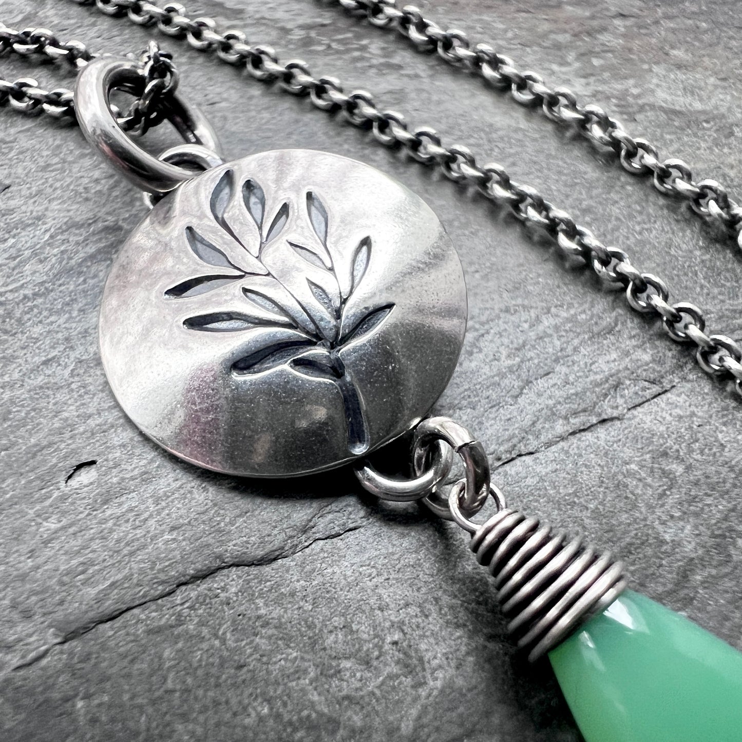Sterling Silver Chrysoprase Necklace | Stamped Branch Circle with Green Teardrop Pendant